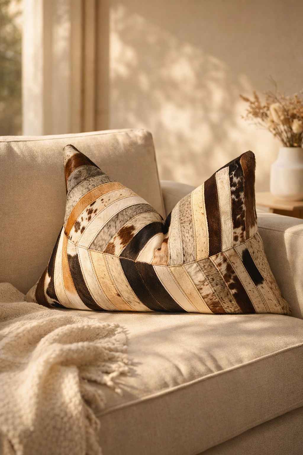 Handmade cowhide patchwork lumbar cushion cover on beige sofa