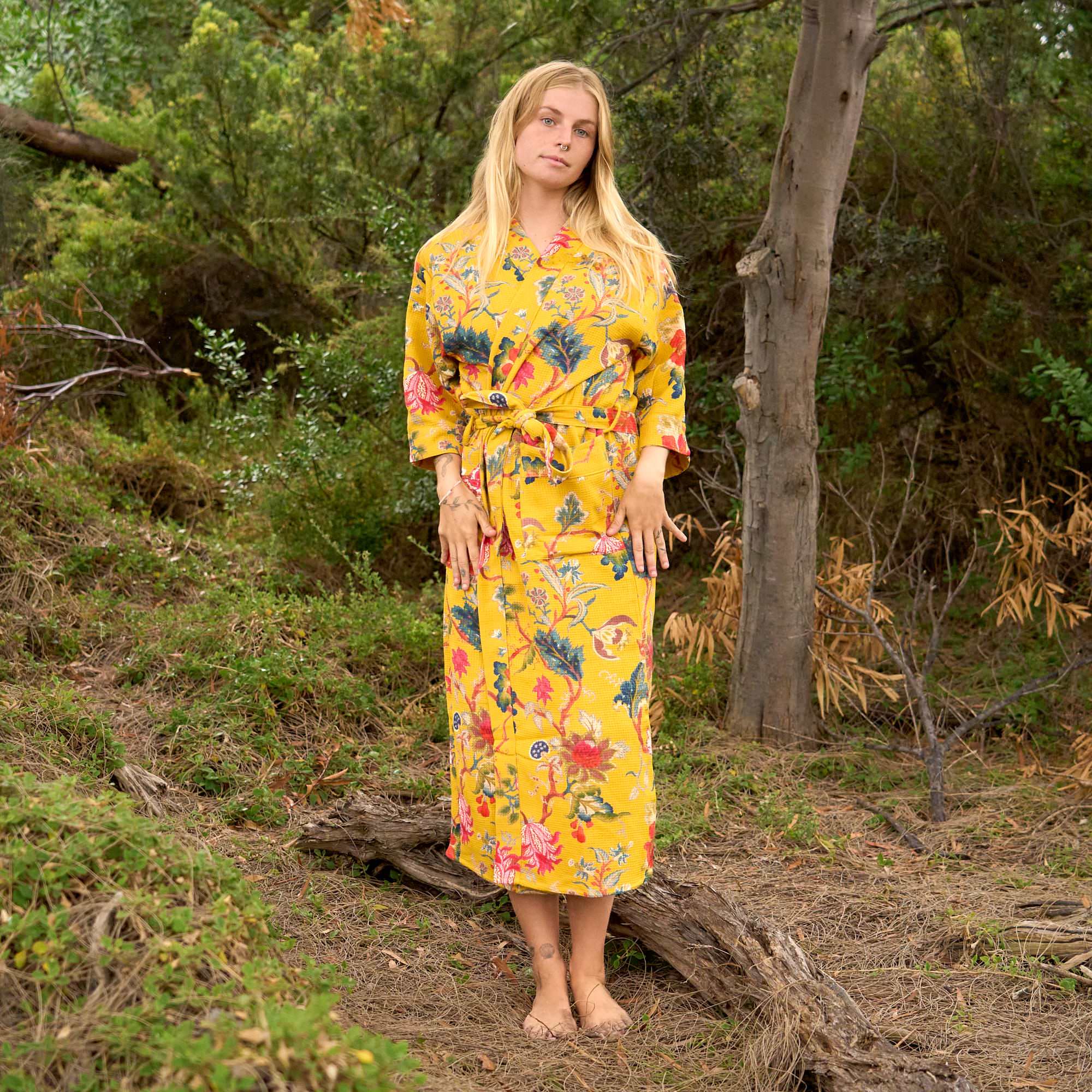 Golden Bloom Waffle Cotton Kimono Robe