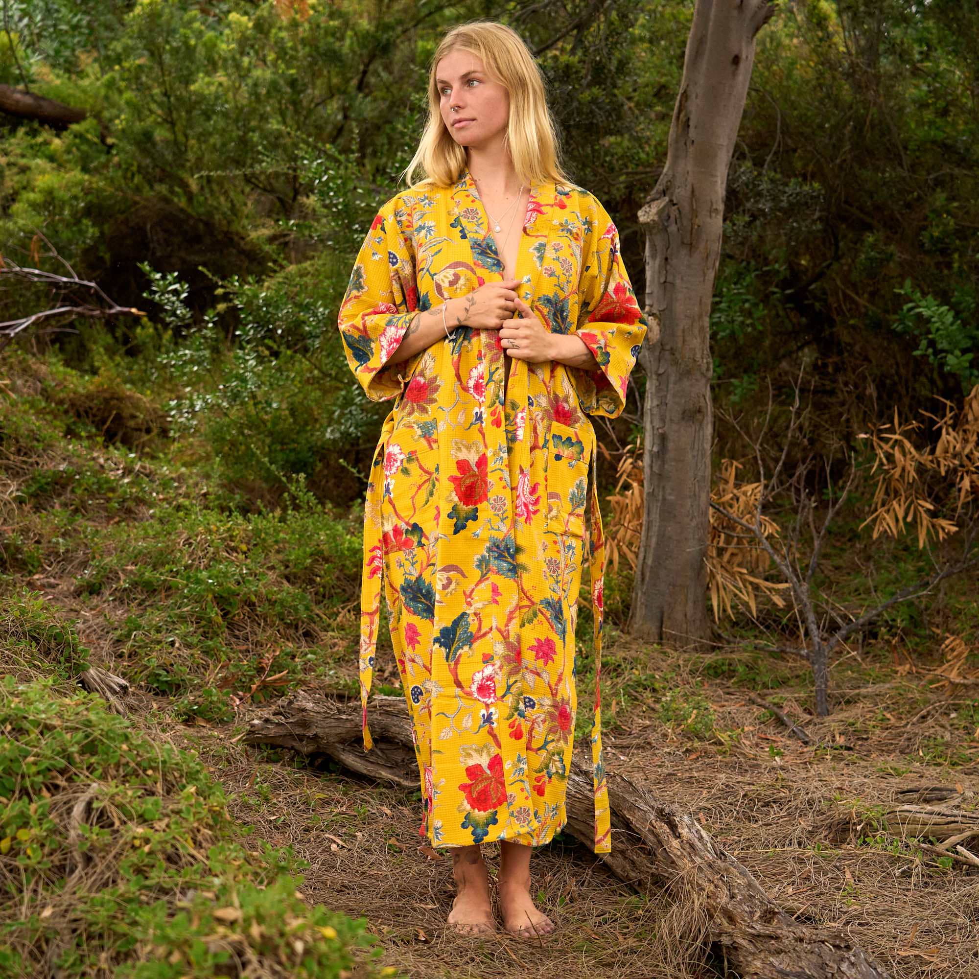 Golden Bloom Waffle Cotton Kimono Robe