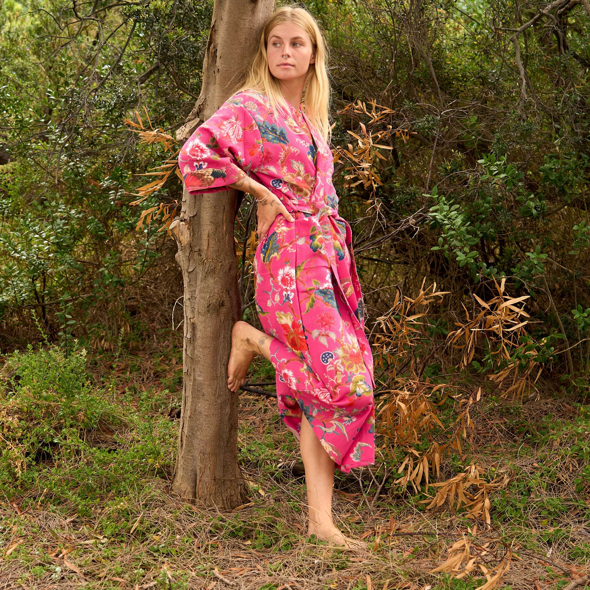 Bohemian Blossom Cotton Waffle Kimono Robe - Pink Floral