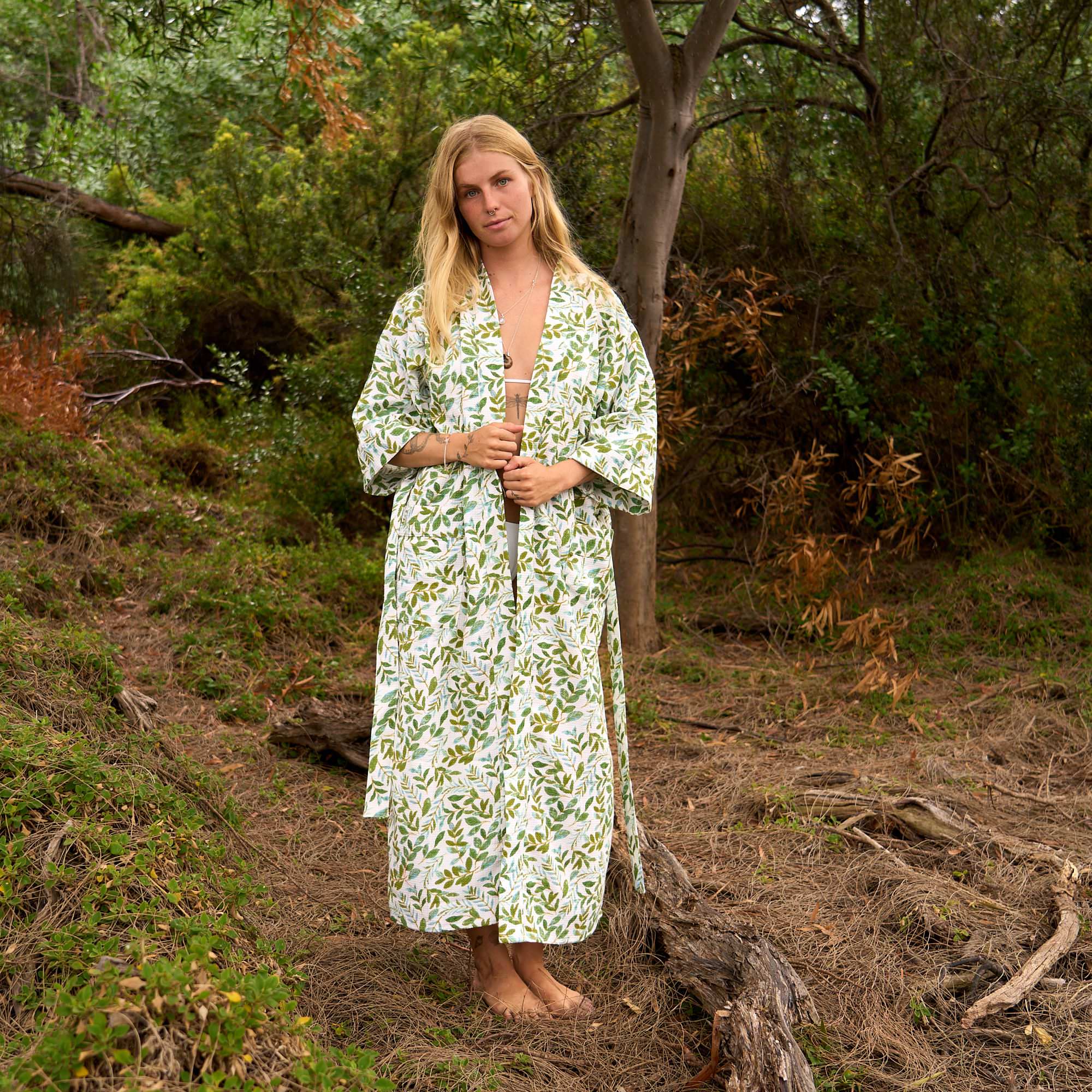 Whispering Leaves Cotton Kimono Robe - White & Green