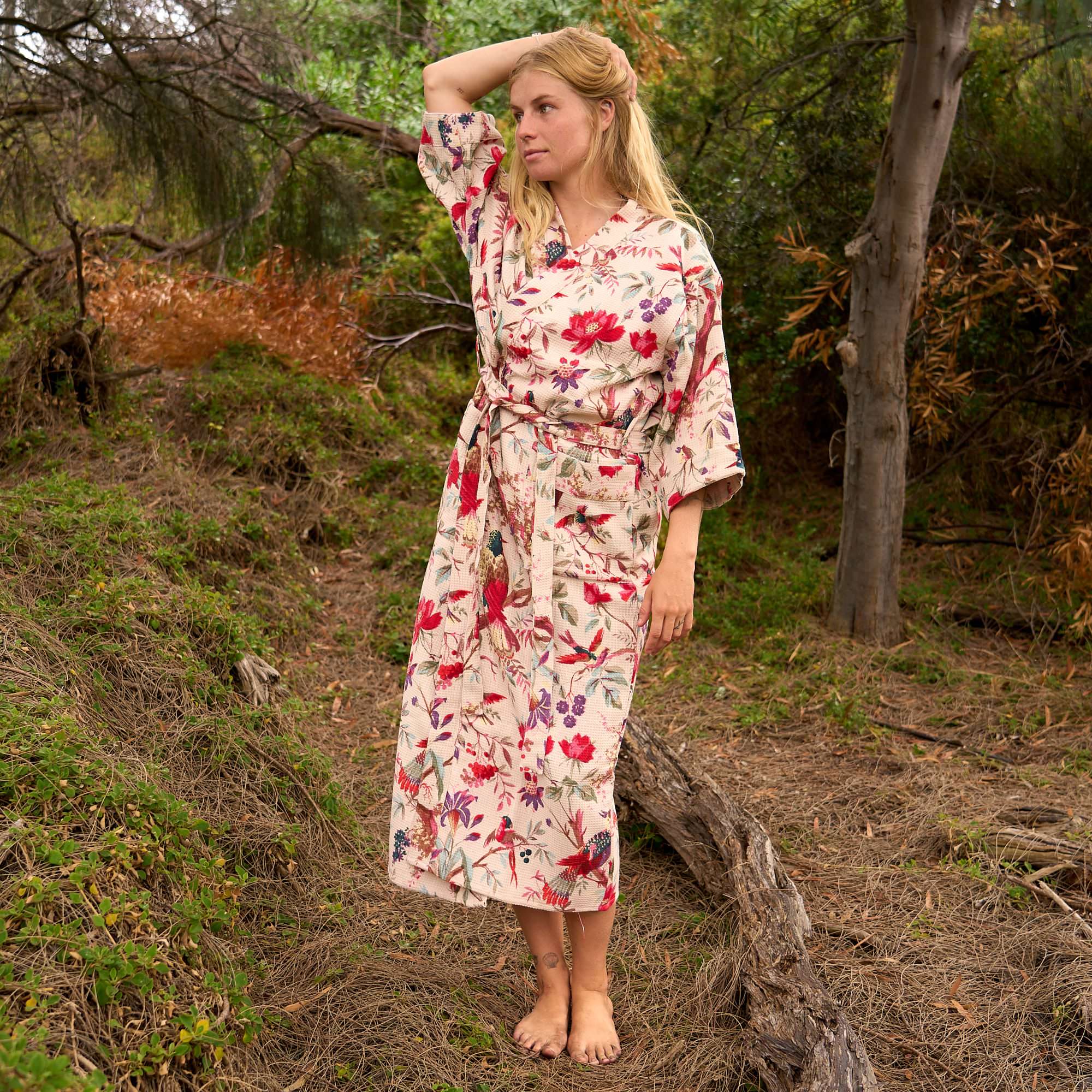 Enchanted Aviary Cotton Waffle Kimono Robe