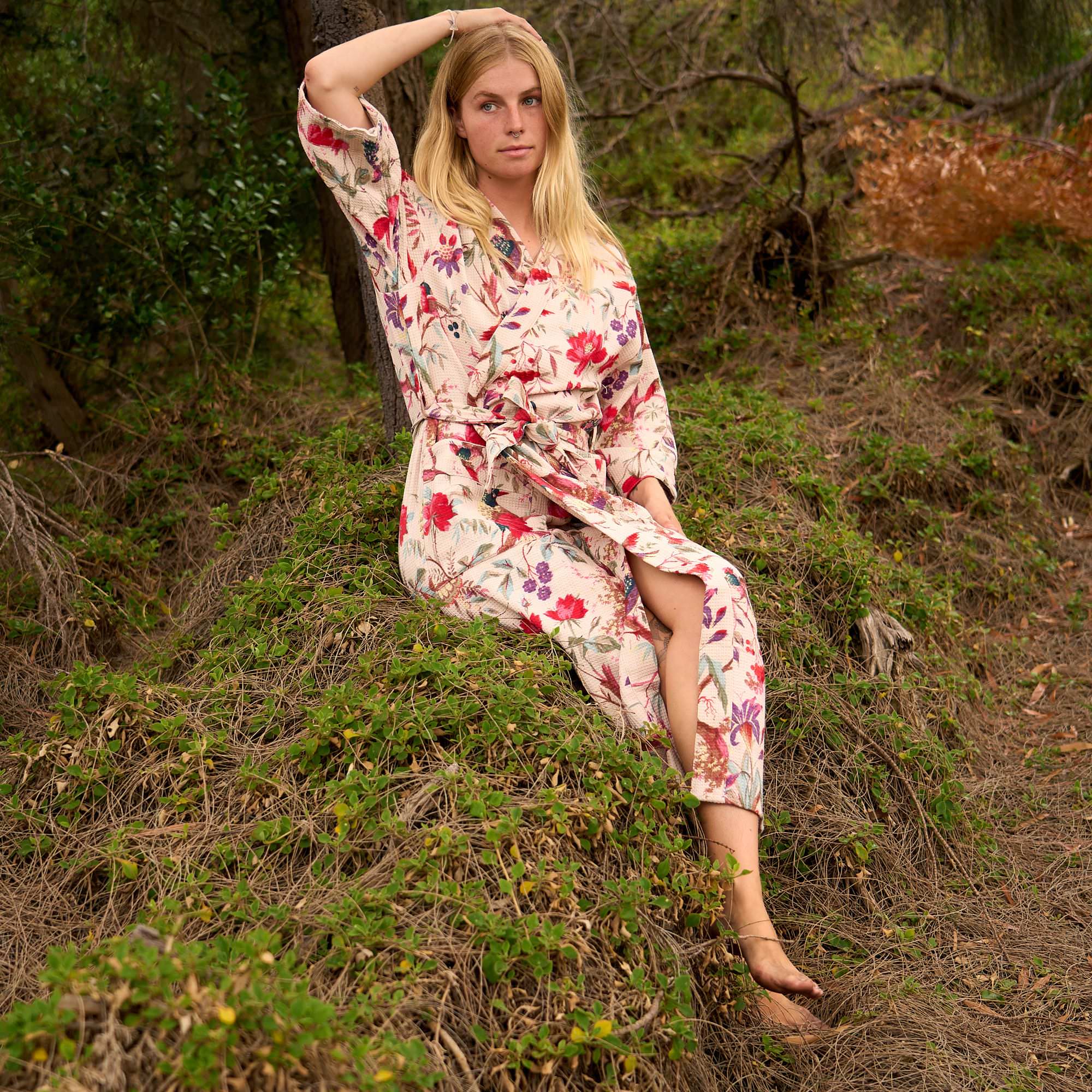 Enchanted Aviary Cotton Waffle Kimono Robe