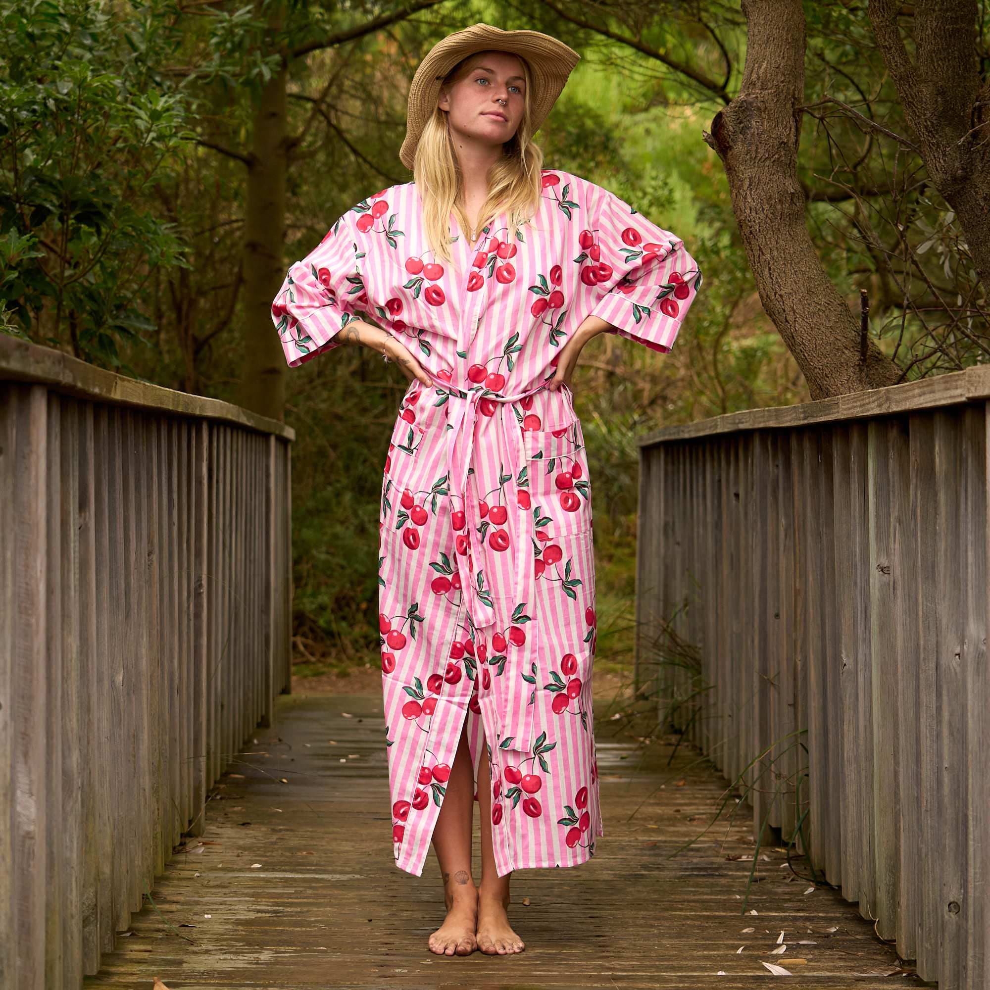 Women’s Pink Cherry Kimono Robe – Lightweight Cotton Cover-Up