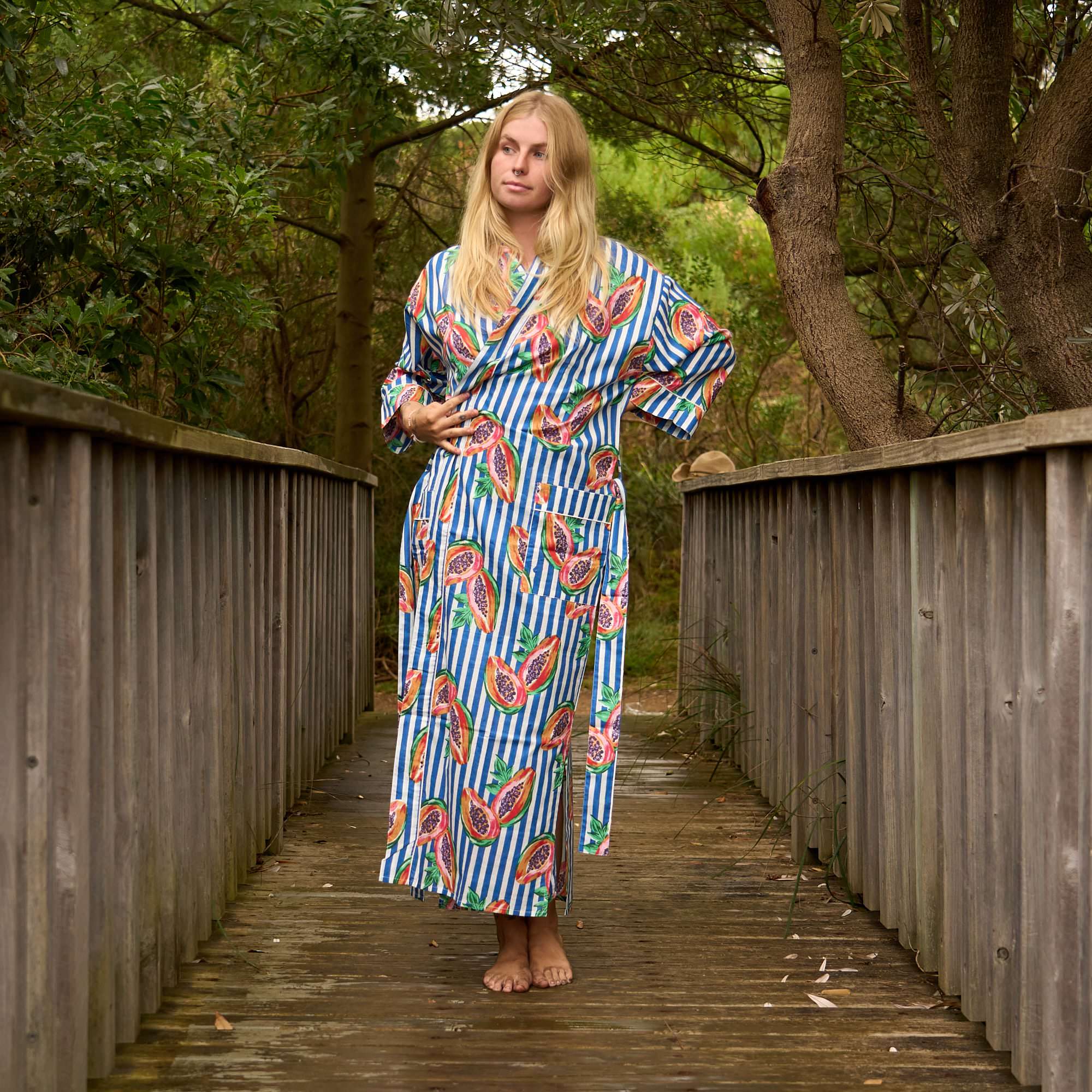 Tropical Papaya Print Kimono Robe – Lightweight Cotton Beach Cover-Up