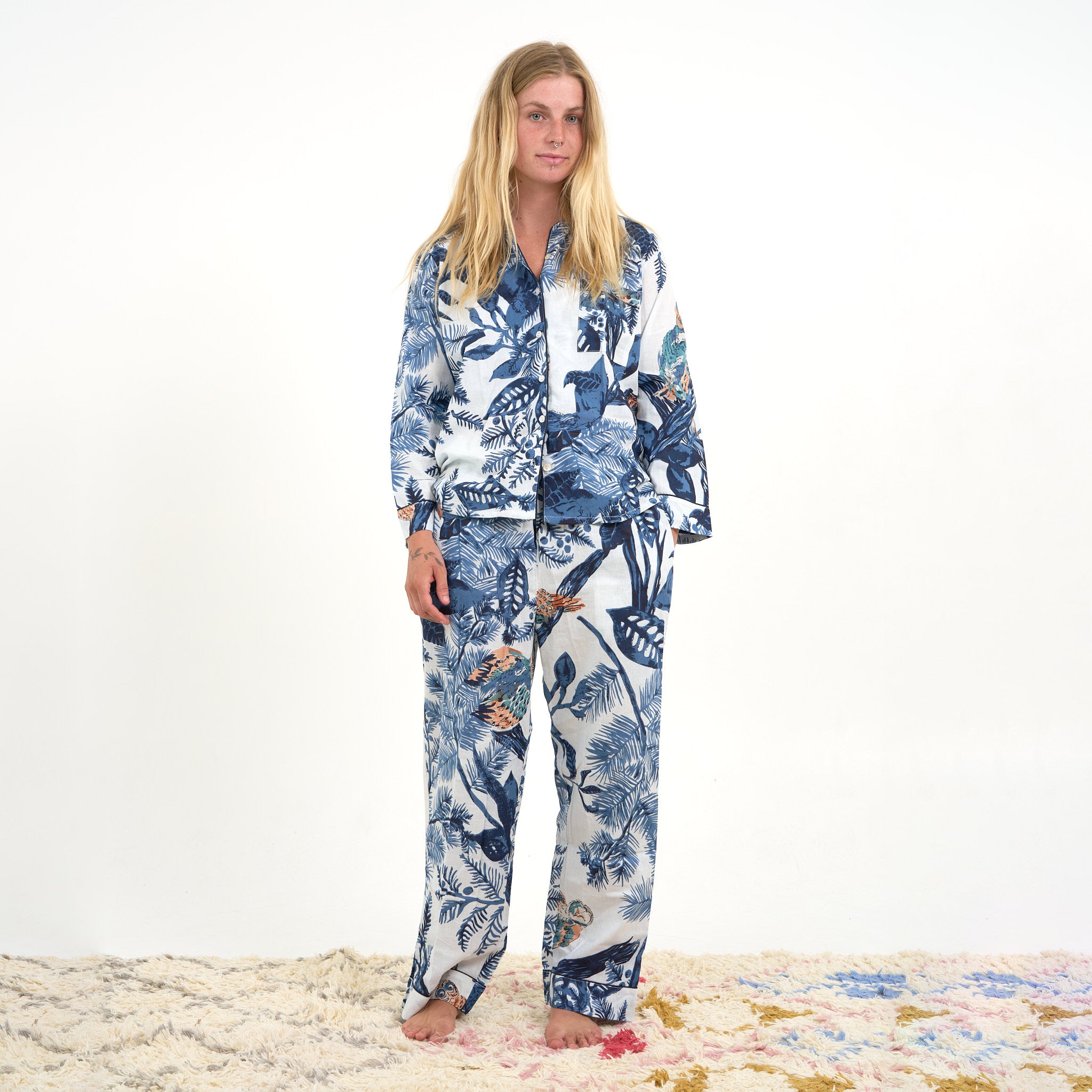 'Azure Blooms' 100% Cotton Pyjama Set