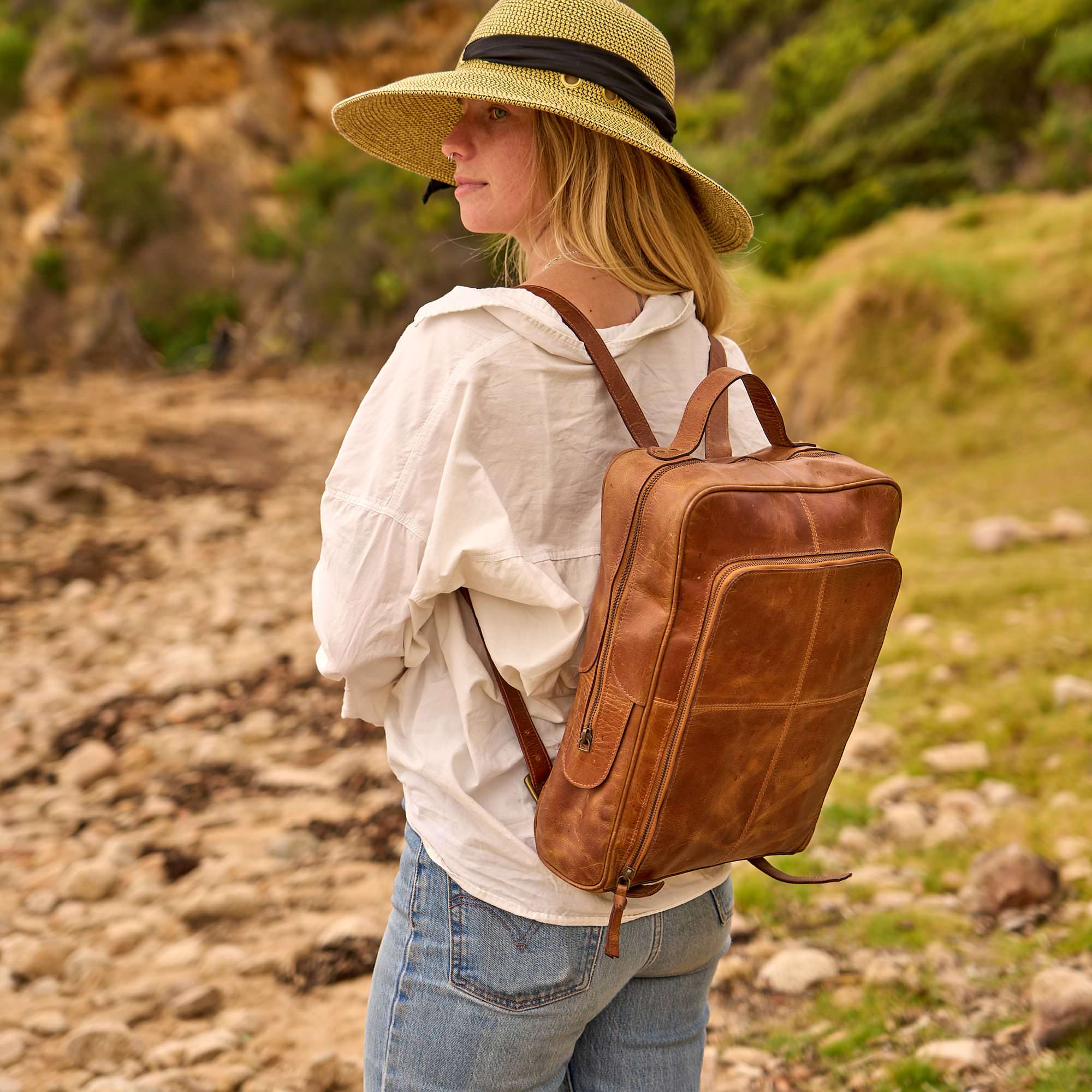 Luxe Tan Leather Backpack - Urban Journey