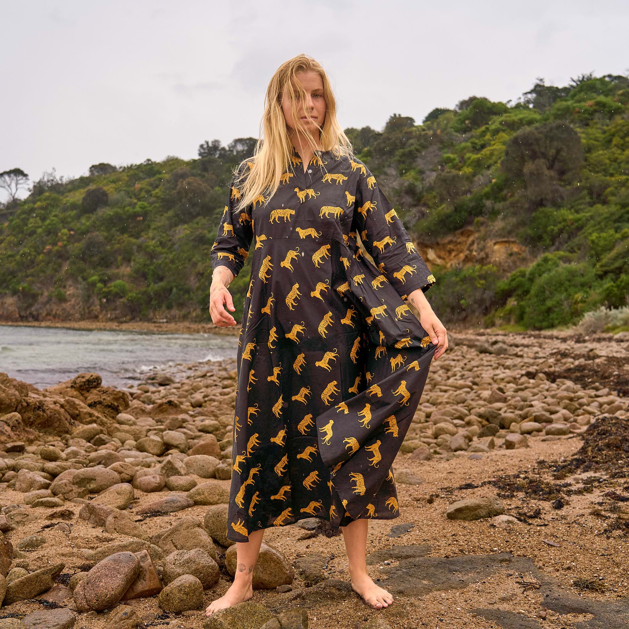 Wild Spirit Cotton Maxi Dress – Hand Screen-Printed Safari Style in Black & Gold