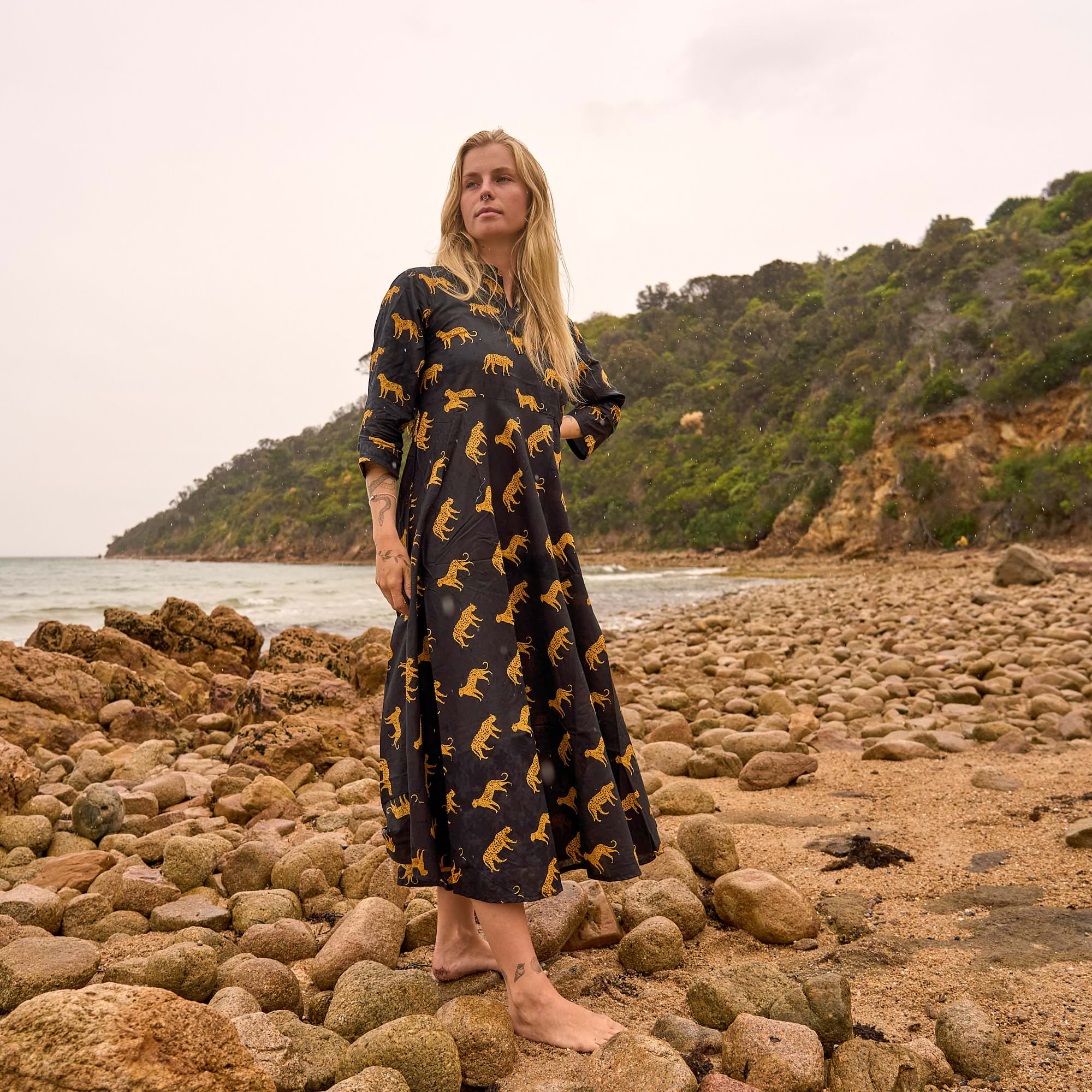 Wild Spirit Cotton Maxi Dress – Hand Screen-Printed Safari Style in Black & Gold