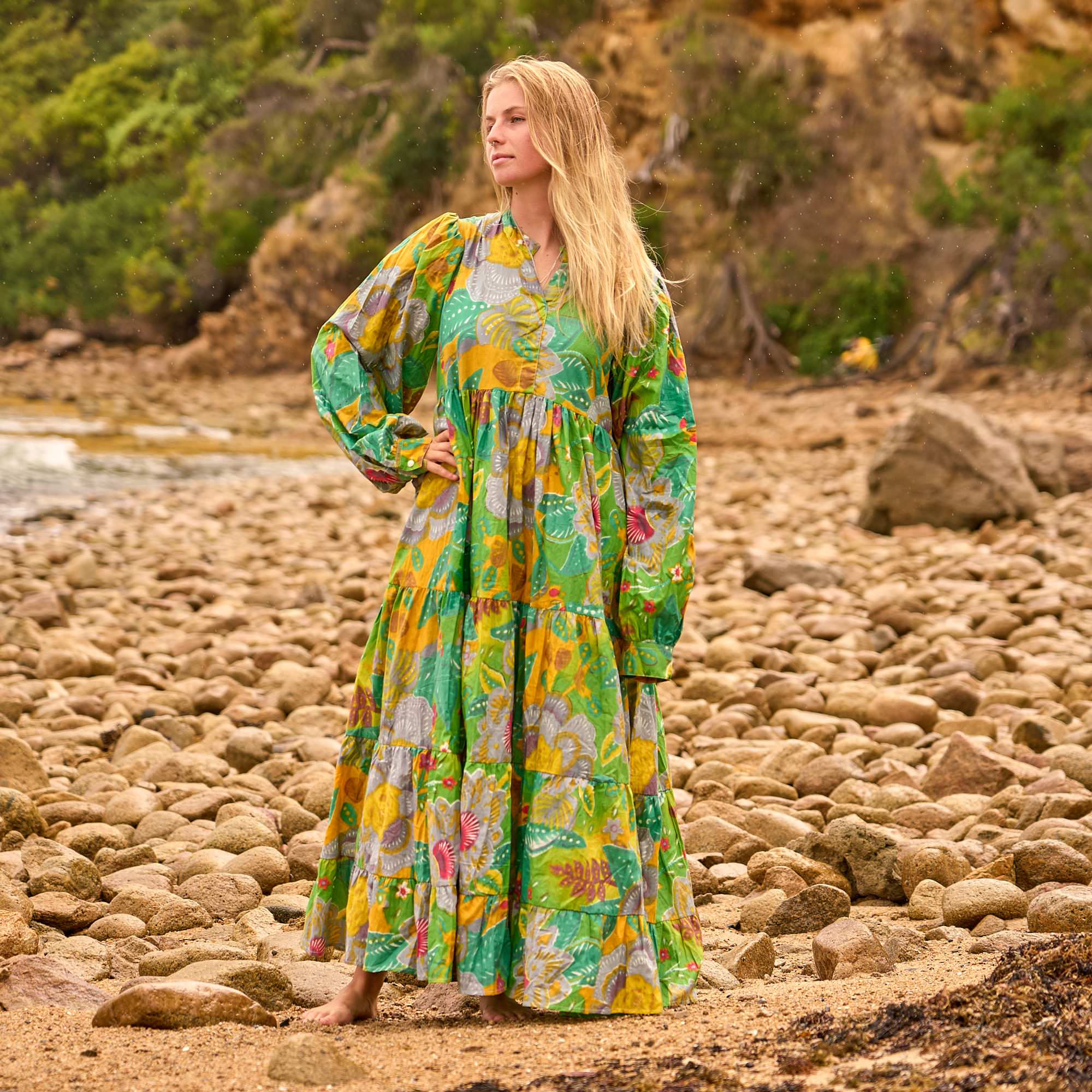 Jungle Song Maxi Dress – Tropical Handcrafted Cotton in Green & Gold