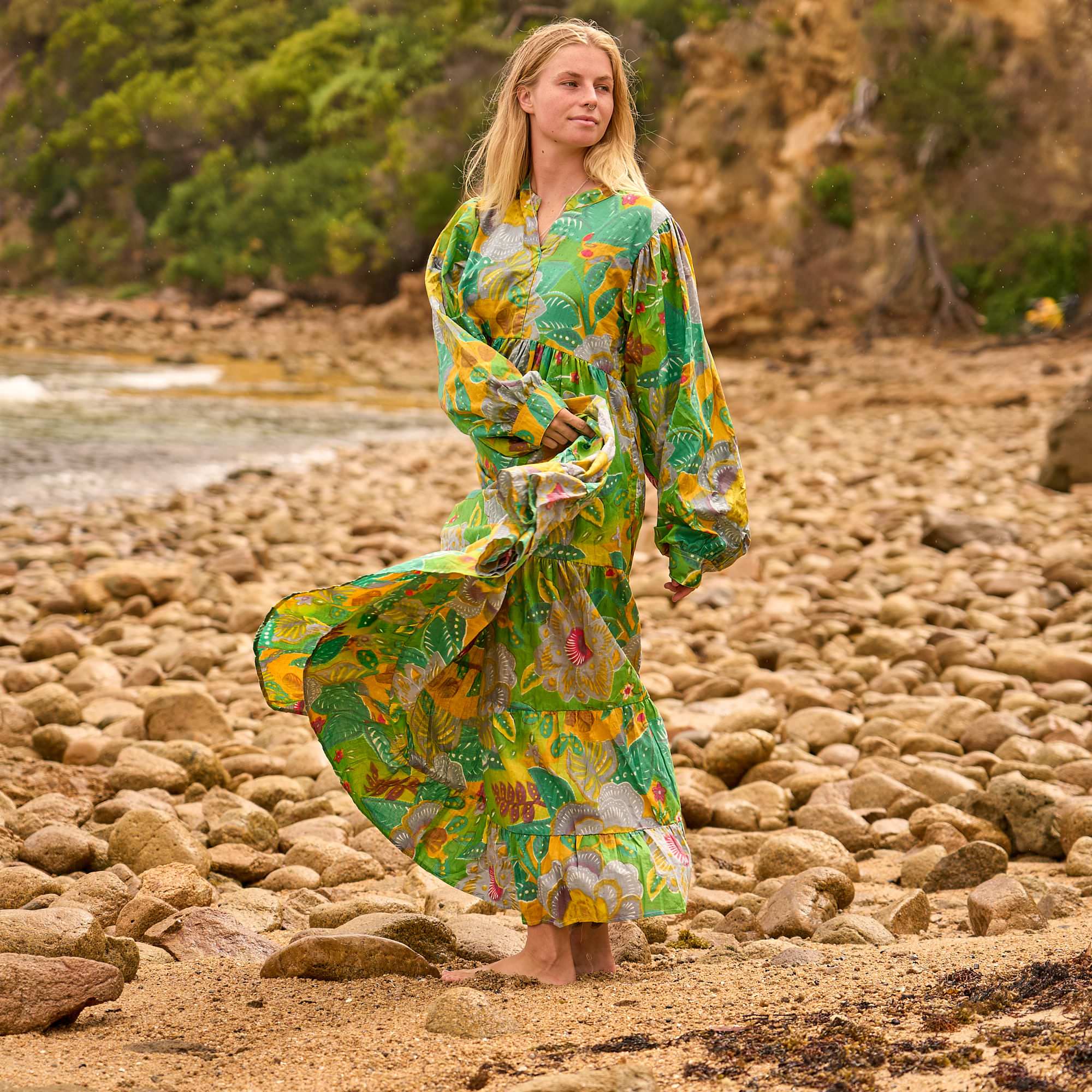 Jungle Song Maxi Dress – Tropical Handcrafted Cotton in Green & Gold