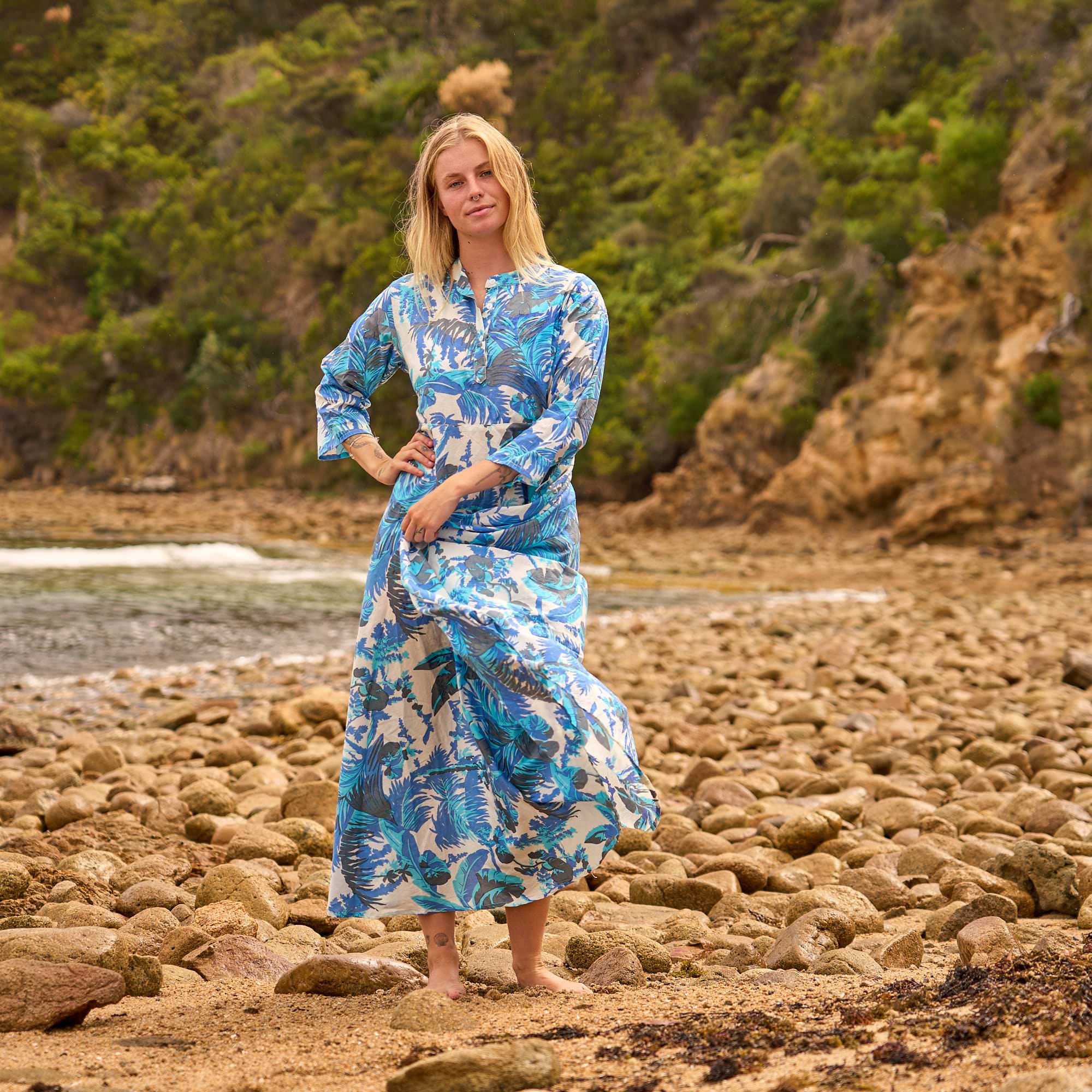 Azure Palms Cotton Maxi Dress – Ocean Breeze Print