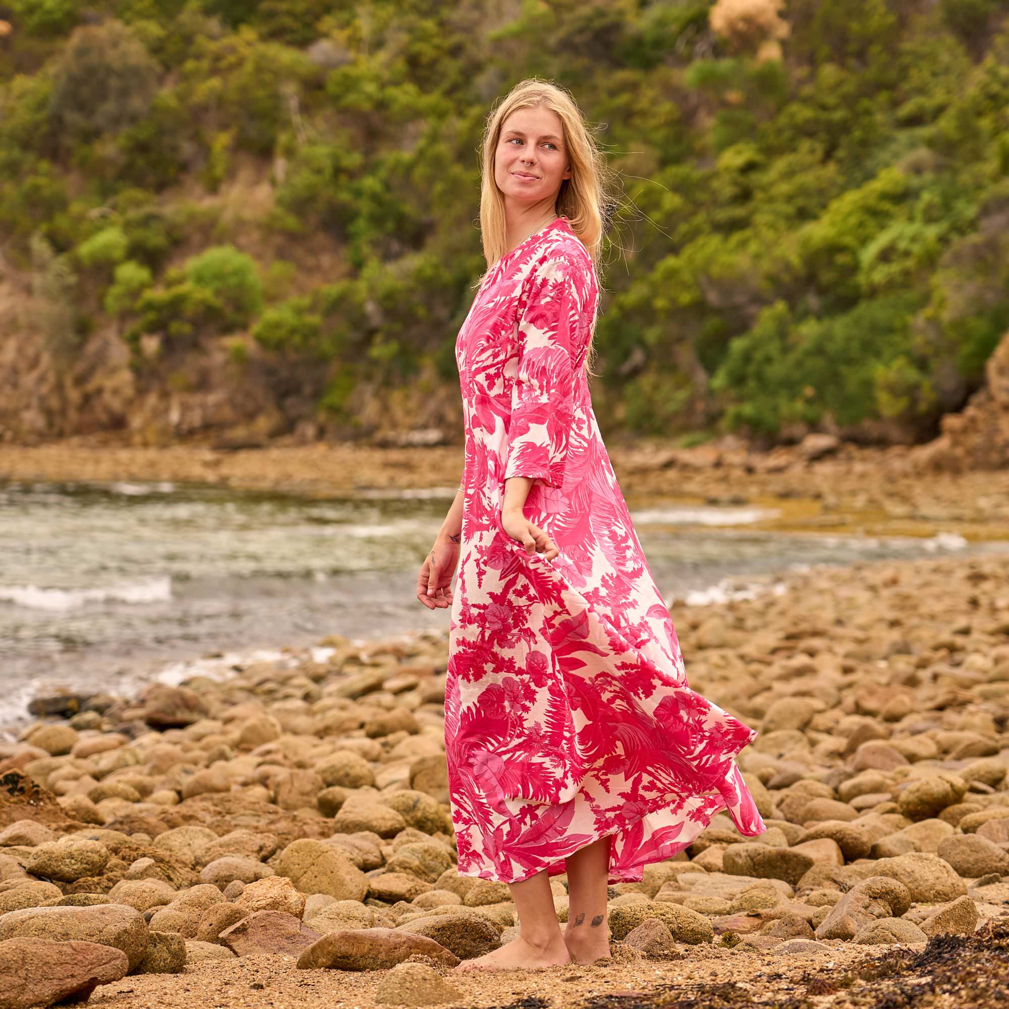 Tropical Blush Maxi Dress – Hand Screen-Printed Cotton in Bold Coral Pink