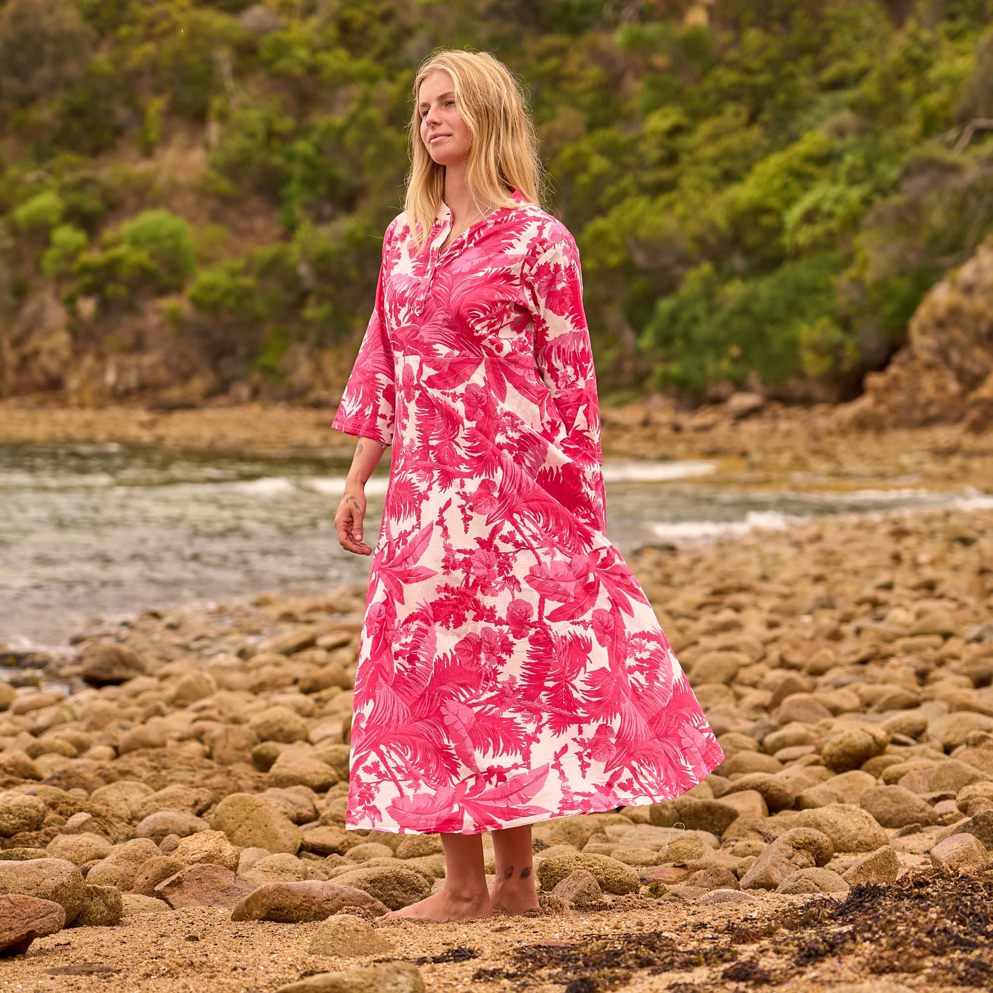 Tropical Blush Maxi Dress – Hand Screen-Printed Cotton in Bold Coral Pink