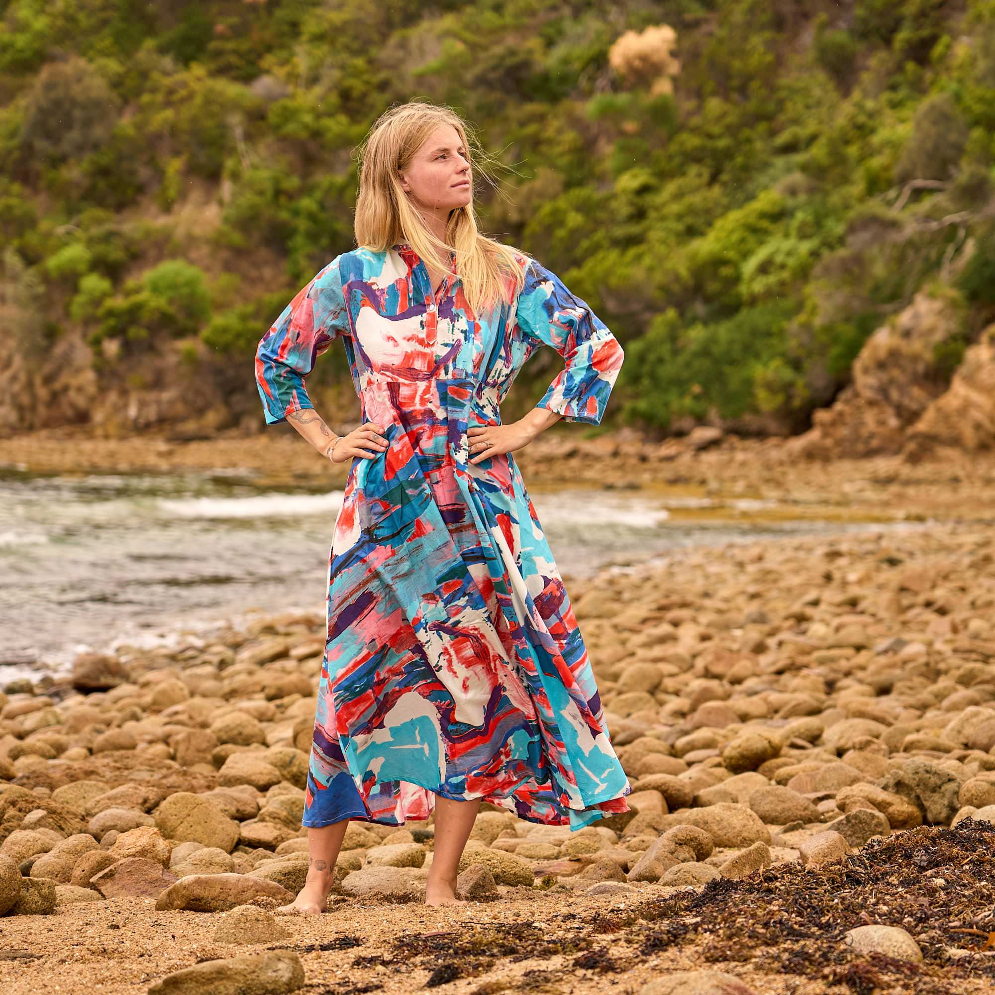 Coastal Canvas Maxi Dress – Abstract Art Print on Soft Cotton