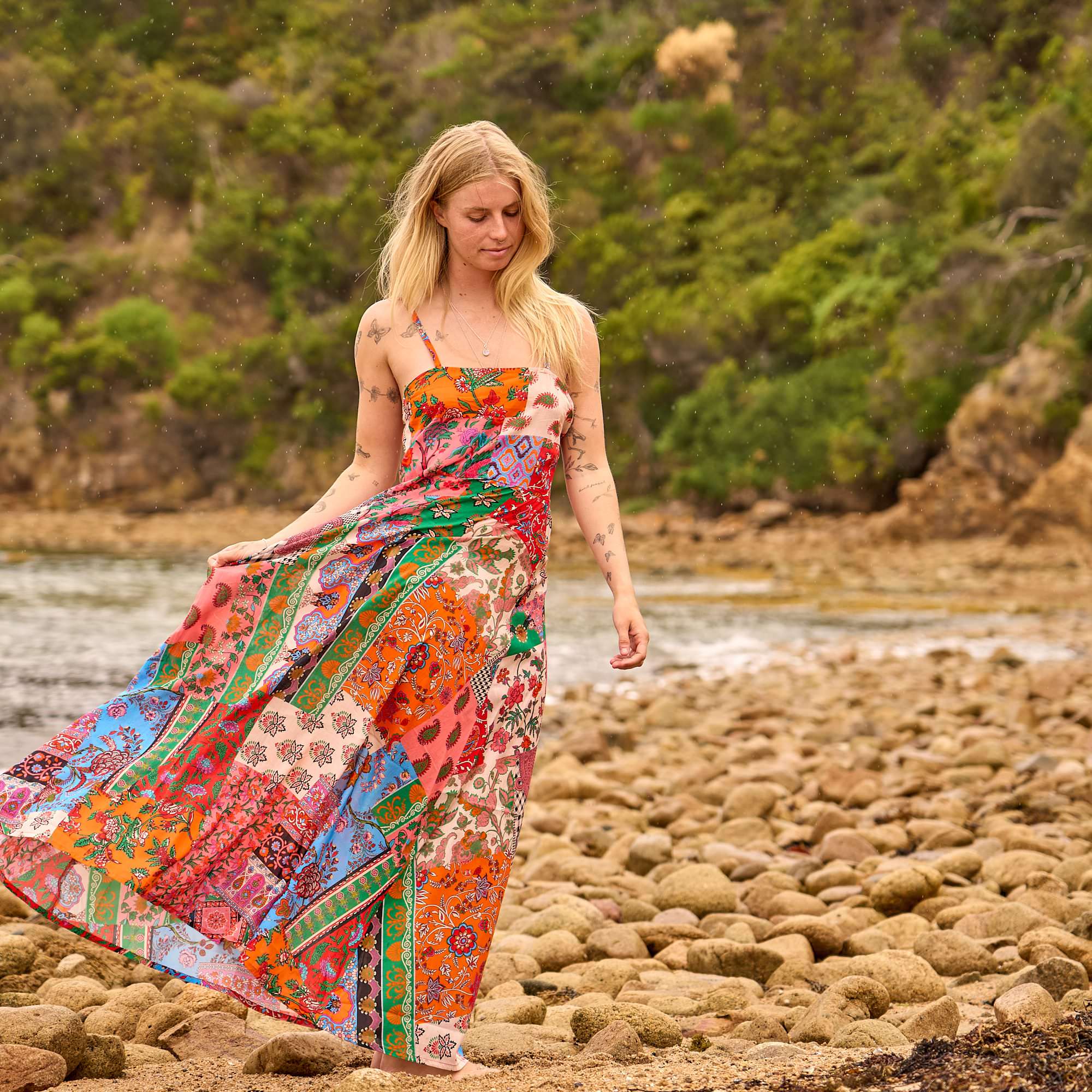 boho patchwork cotton slip maxi dress beach