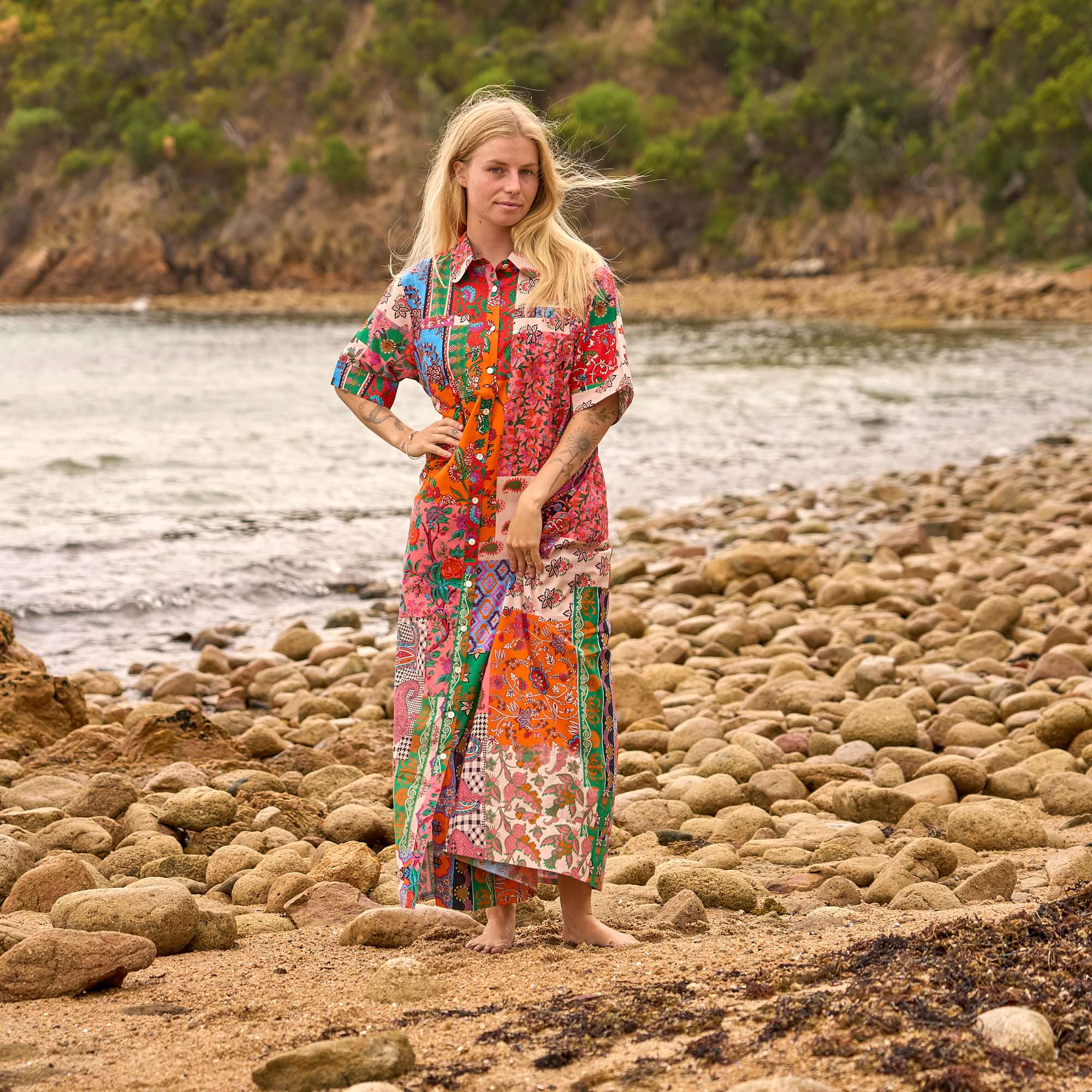 artistic patchwork shirt dress colourful maxi beach
