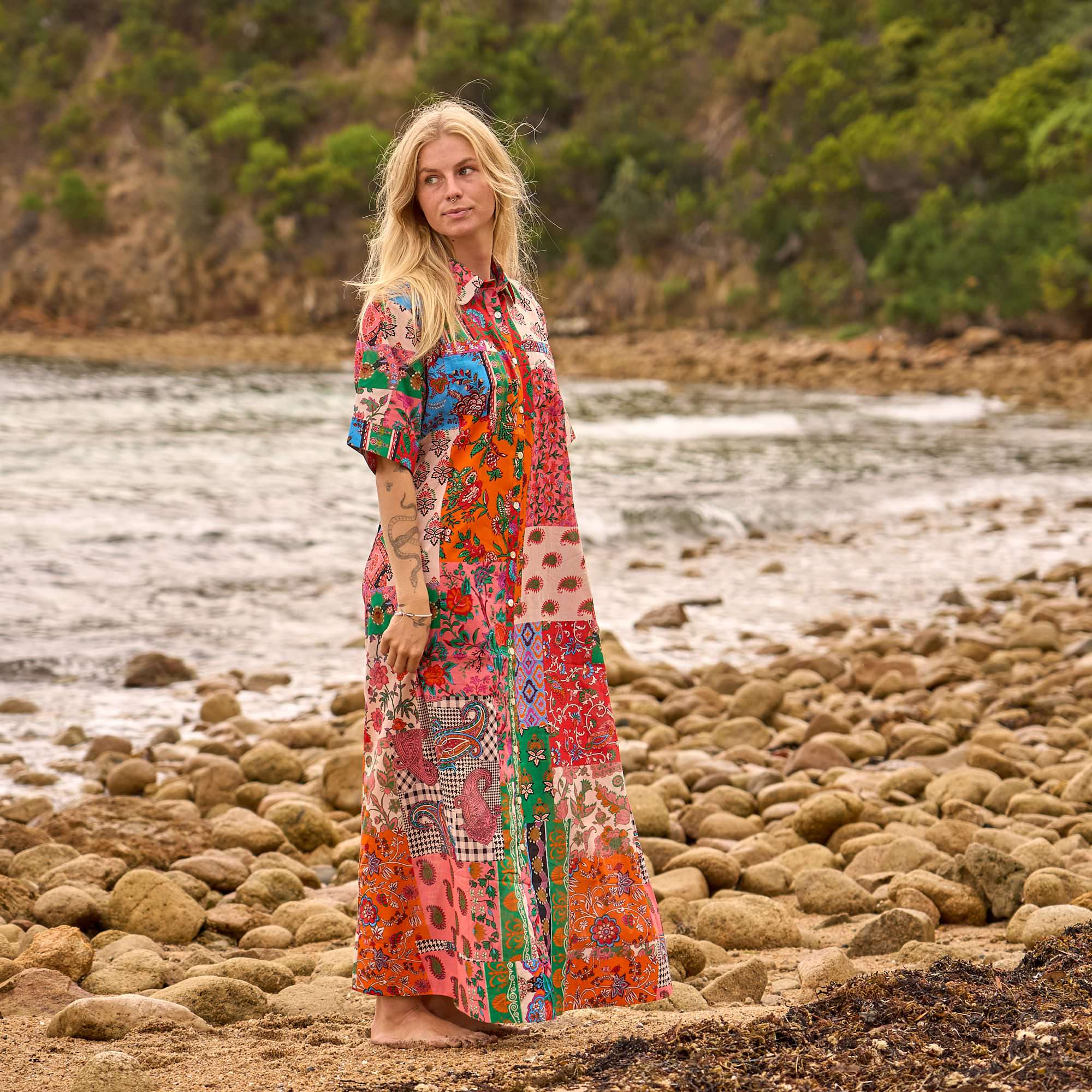 side profile oversized printed maxi dress women