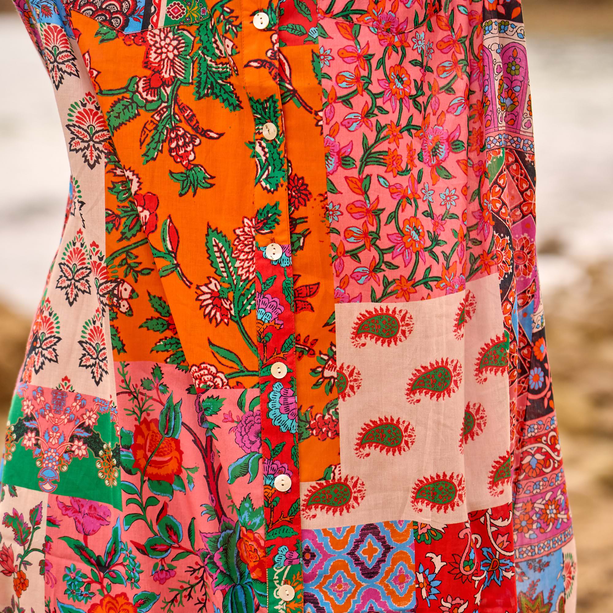 close up vibrant floral patchwork fabric detail