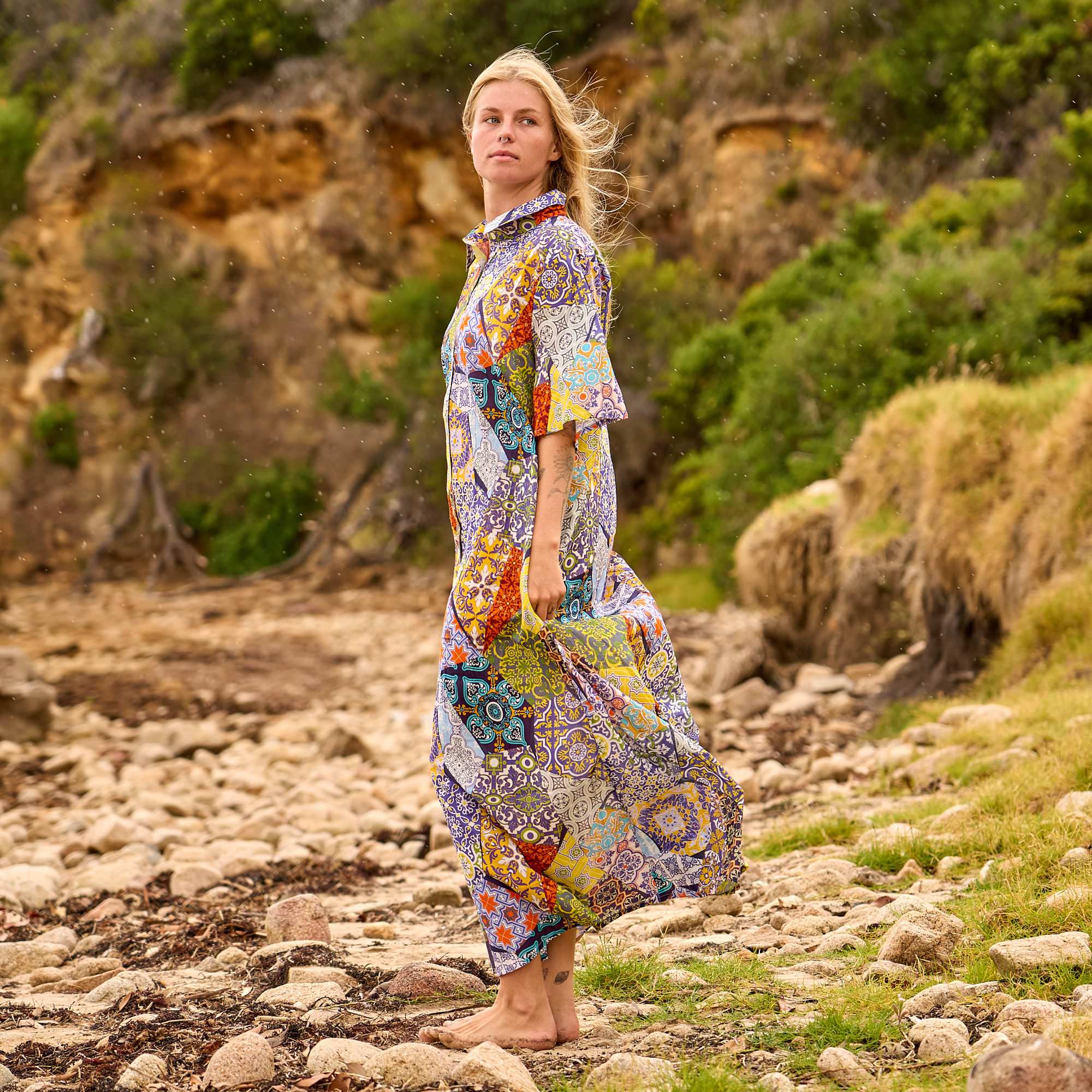 colourful tile print maxi dress resort wear australia