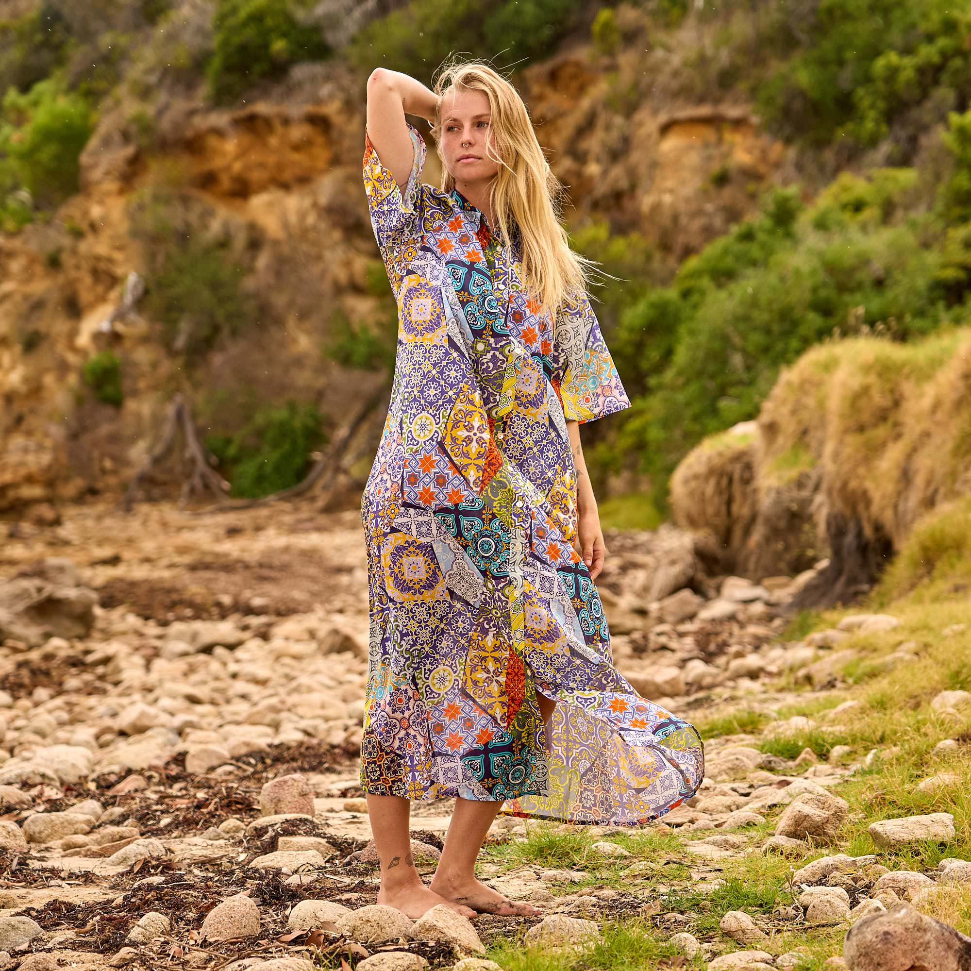 flowy bohemian maxi dress side view beach styling
