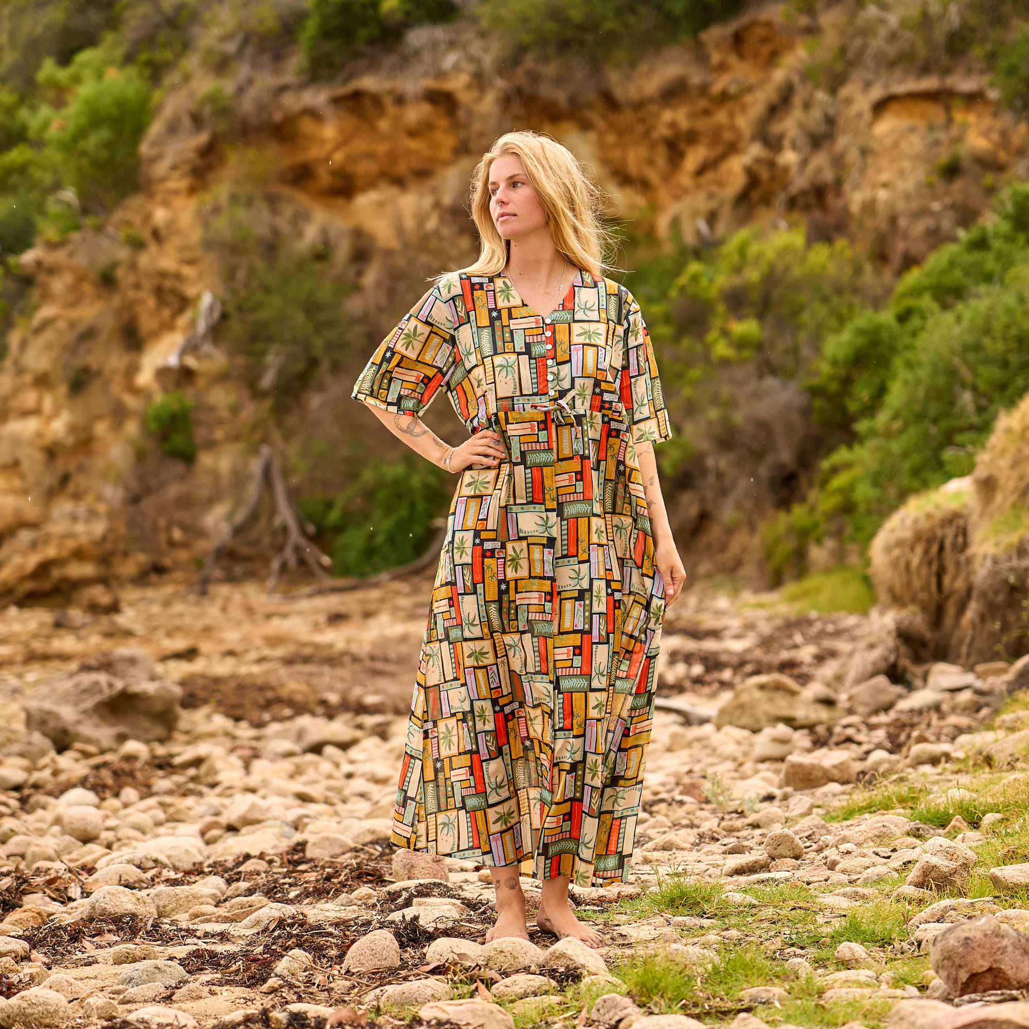 Free size boho printed maxi dress full length front view