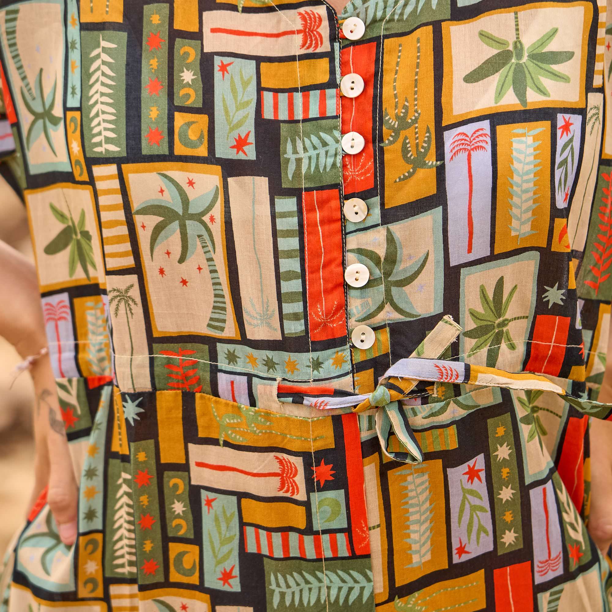 Close up geometric botanical print fabric boho dress
