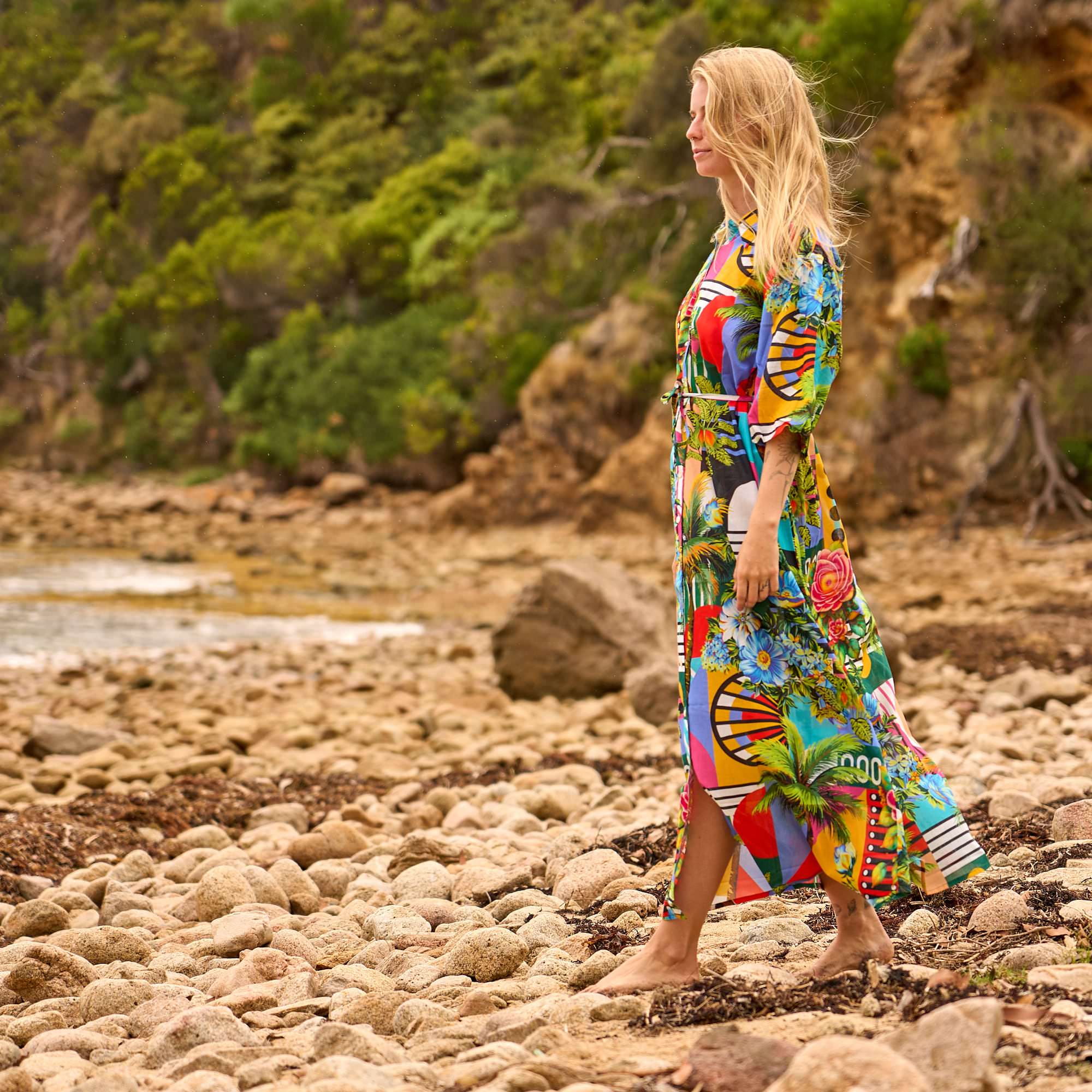 side view tropical shirt dress flowing fabric