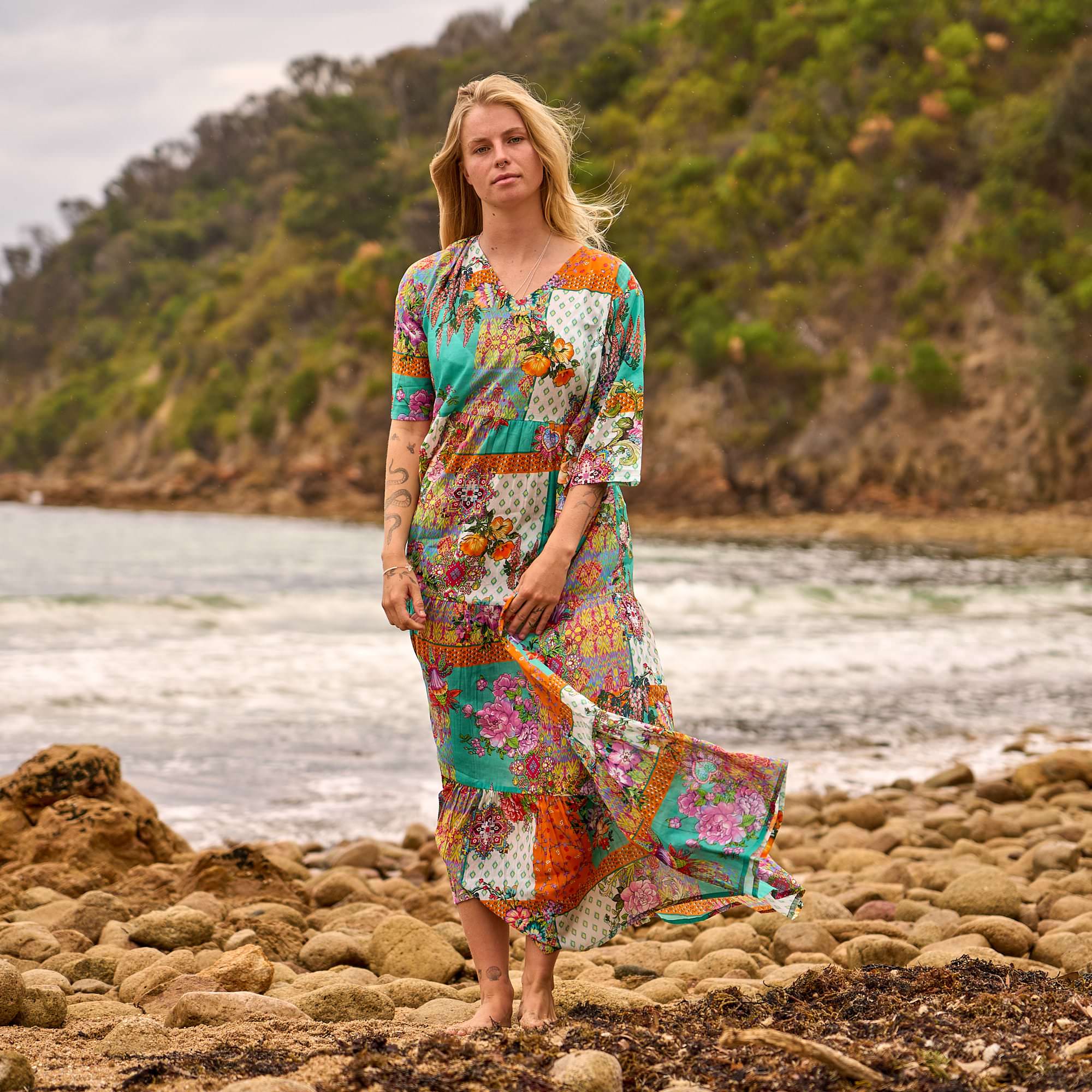 Handmade cotton maxi beach dress in vibrant patchwork print