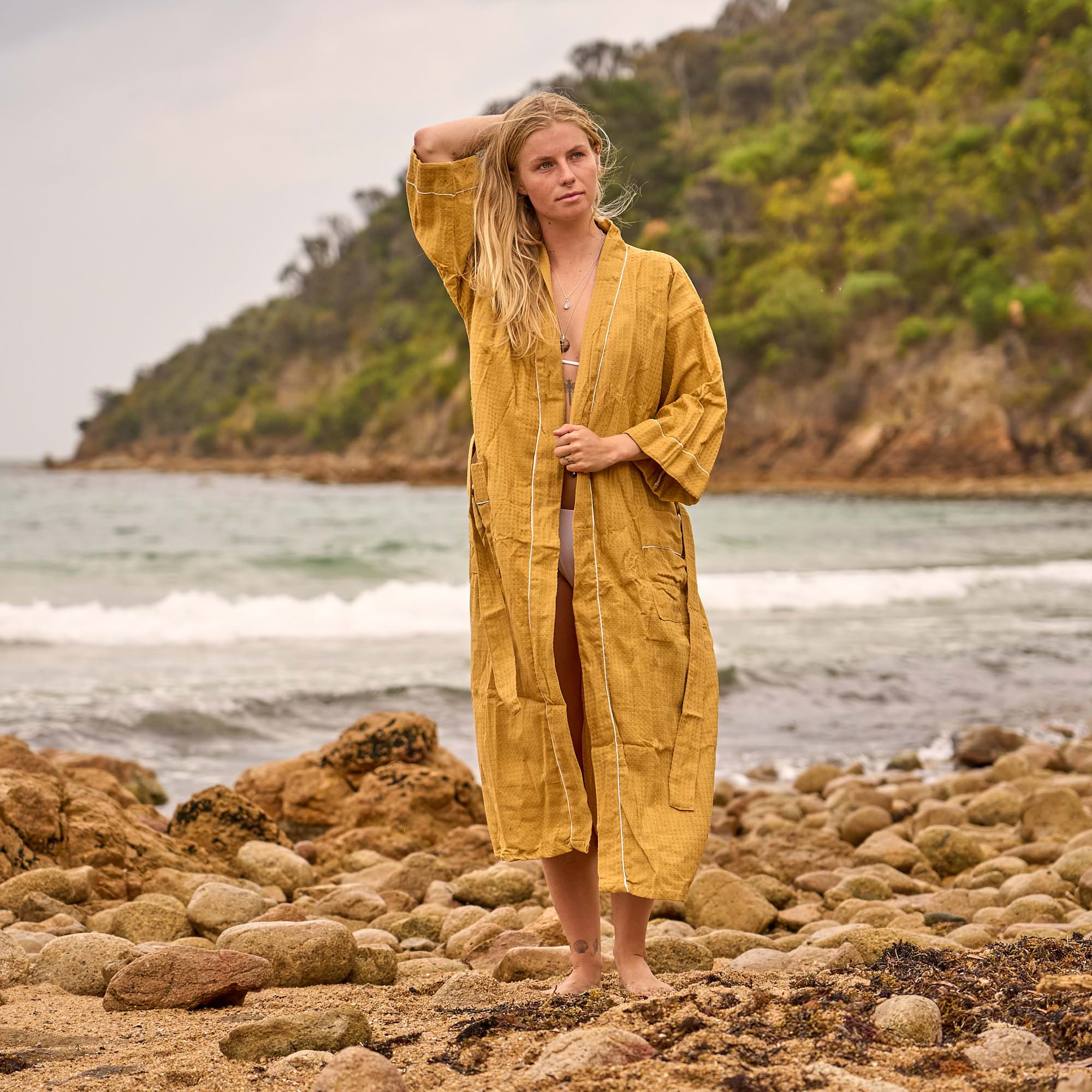 Golden Waffle Cotton Robe – Luxe Lightweight Kimono for Effortless Everyday Comfort
