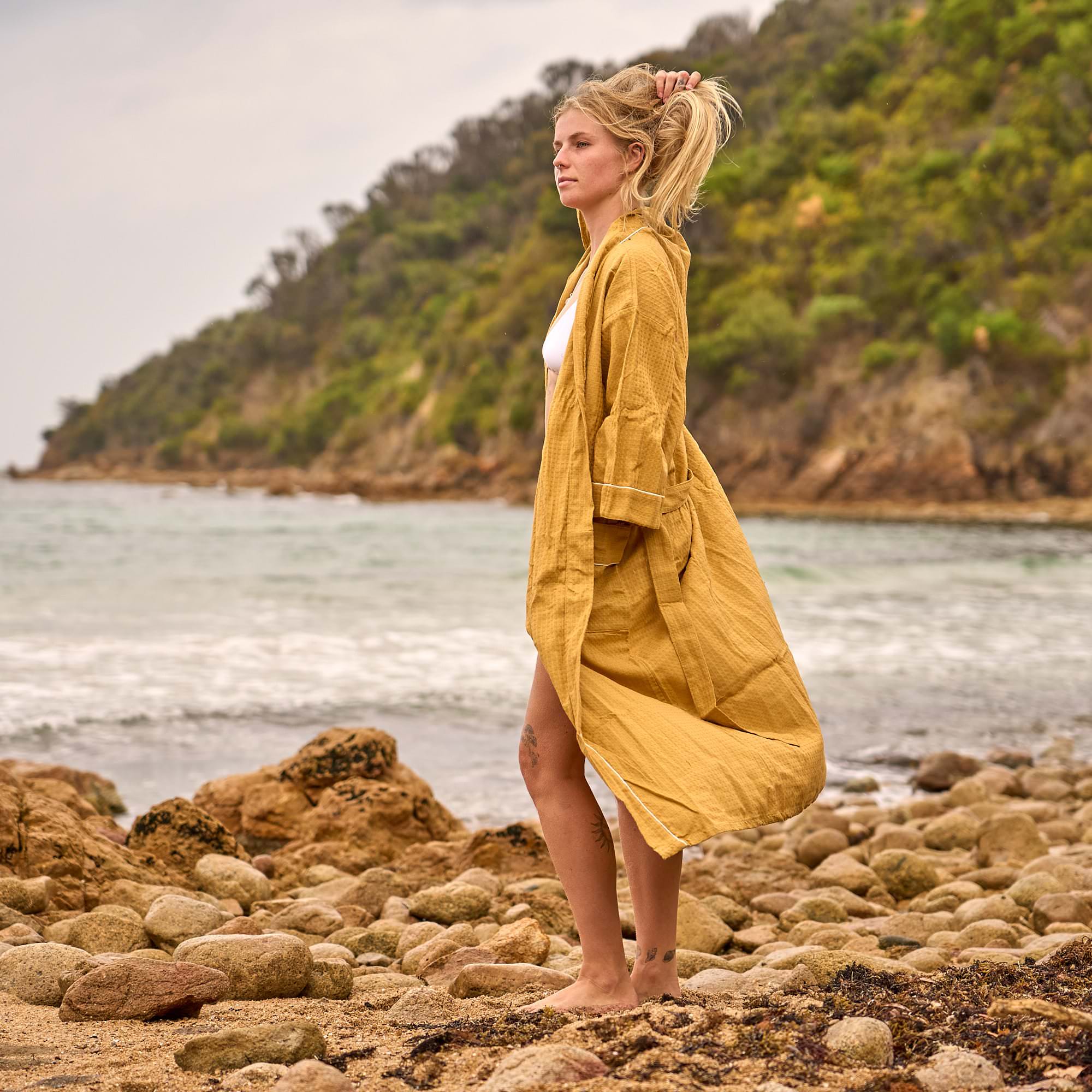 Golden Waffle Cotton Robe – Luxe Lightweight Kimono for Effortless Everyday Comfort