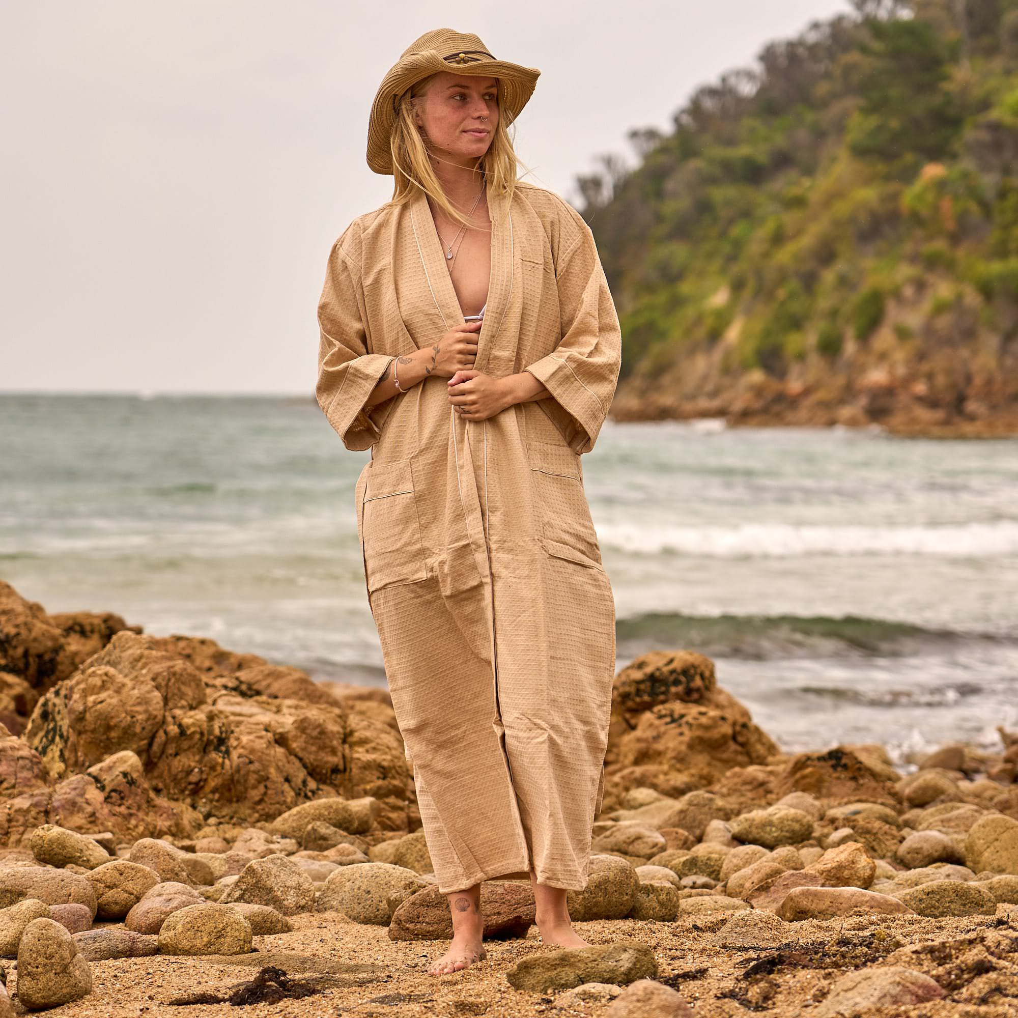 Sand Luxe Waffle Cotton Kimono Robe