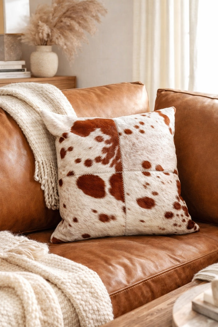 Handcrafted brown and white cowhide leather cushion cover 40x40