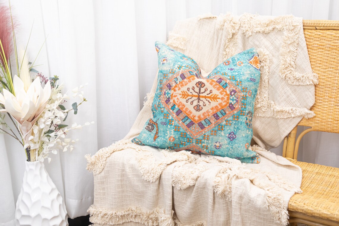Linen Connections Moroccan Tassels Cushion Cover - Boho Cyan
