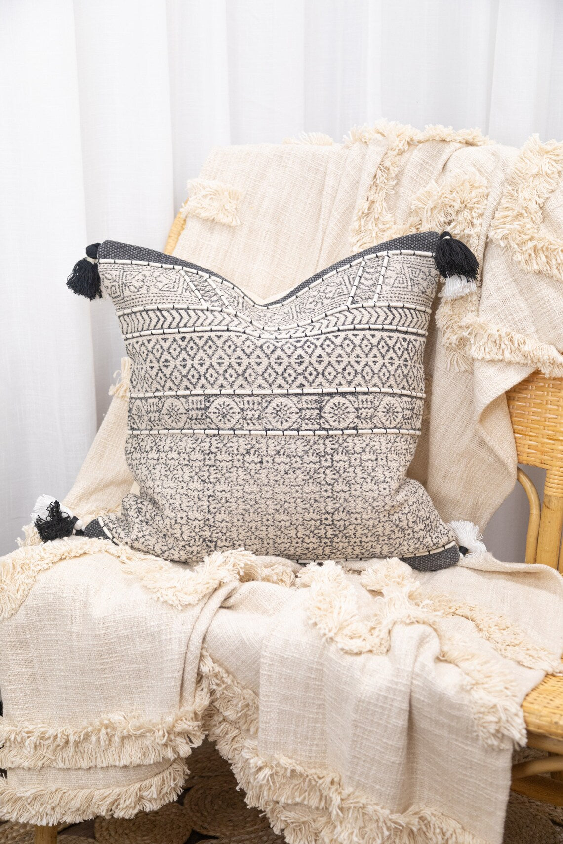 Linen Connections Moroccan Tassels Cushion Cover - Moonlight