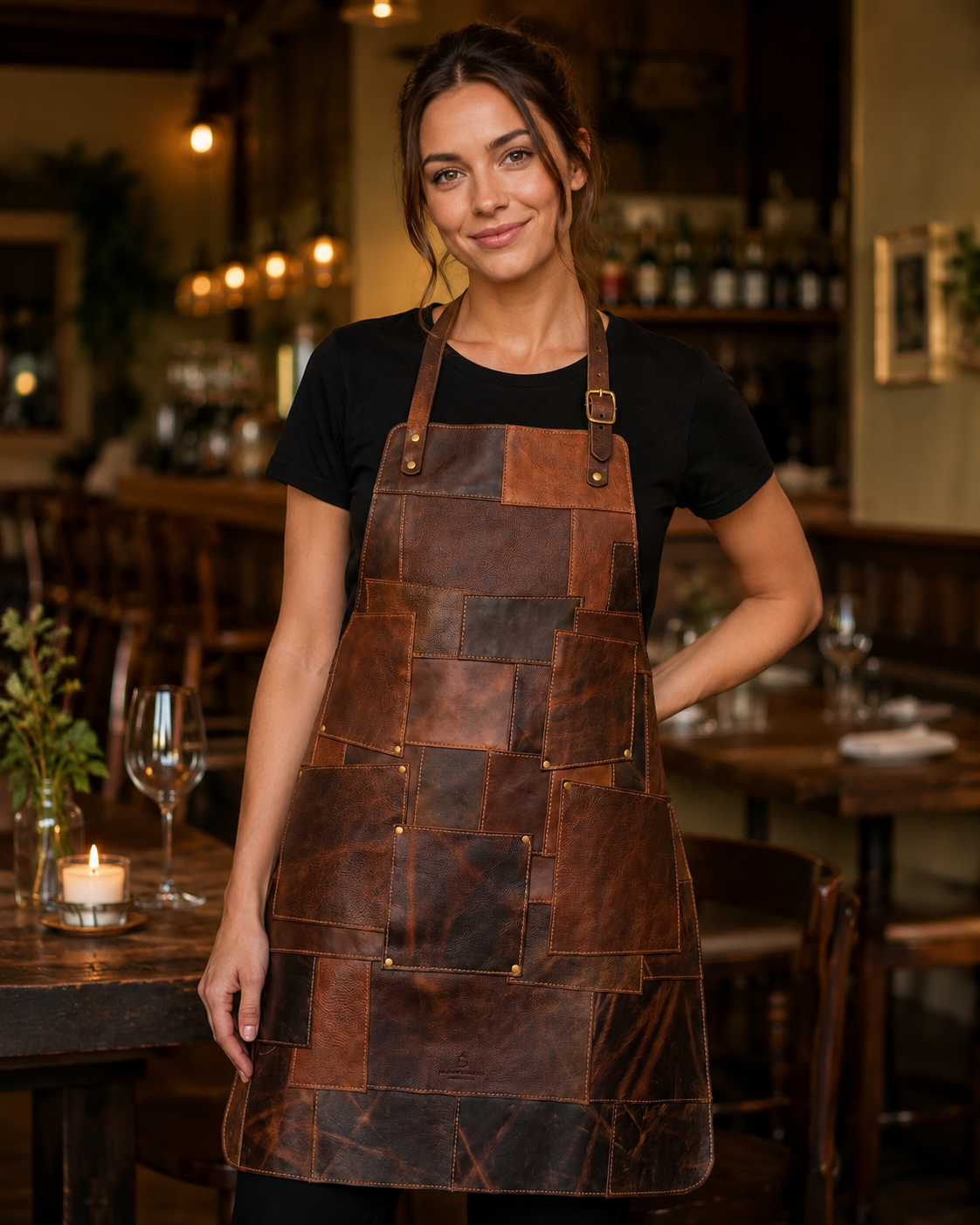 Durable handmade leather chef apron for grilling, woodworking, and kitchen use