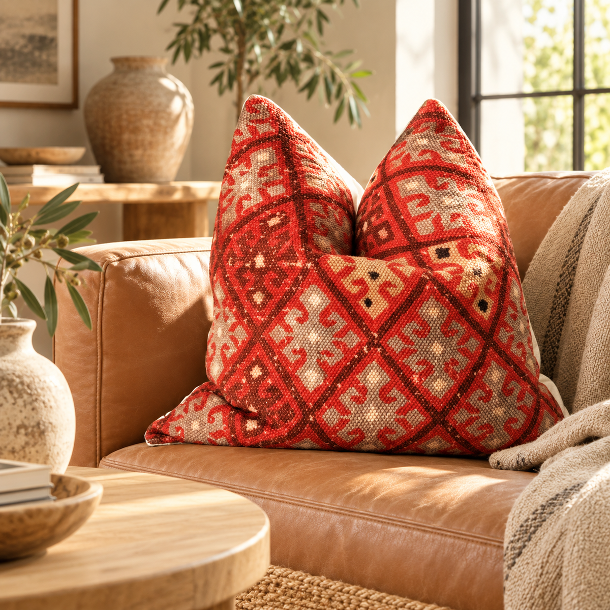 Decorative red cushion cover with geometric pattern for lounge styling