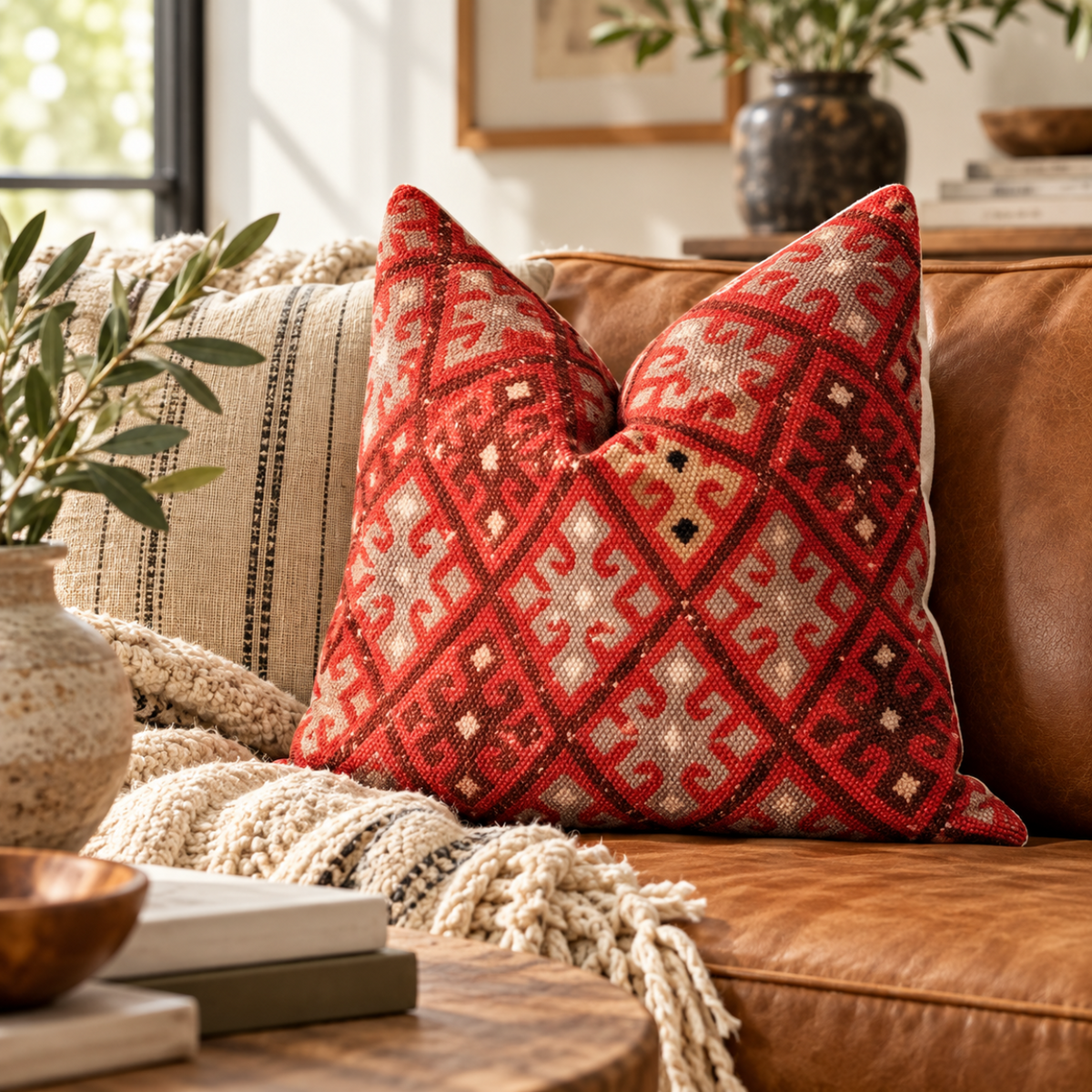 Red geometric cushion cover styled on tan leather sofa