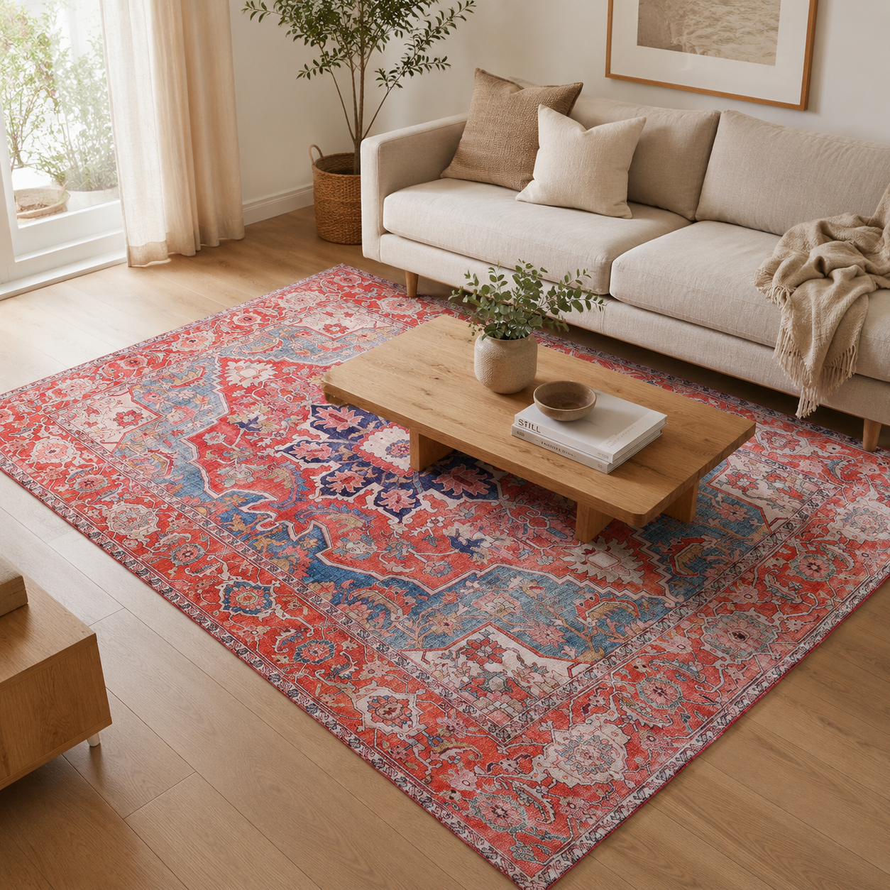 Vintage Persian style area rug in modern living room
Distressed boho medallion rug in Scandinavian home
Terracotta Persian inspired area rug for living room