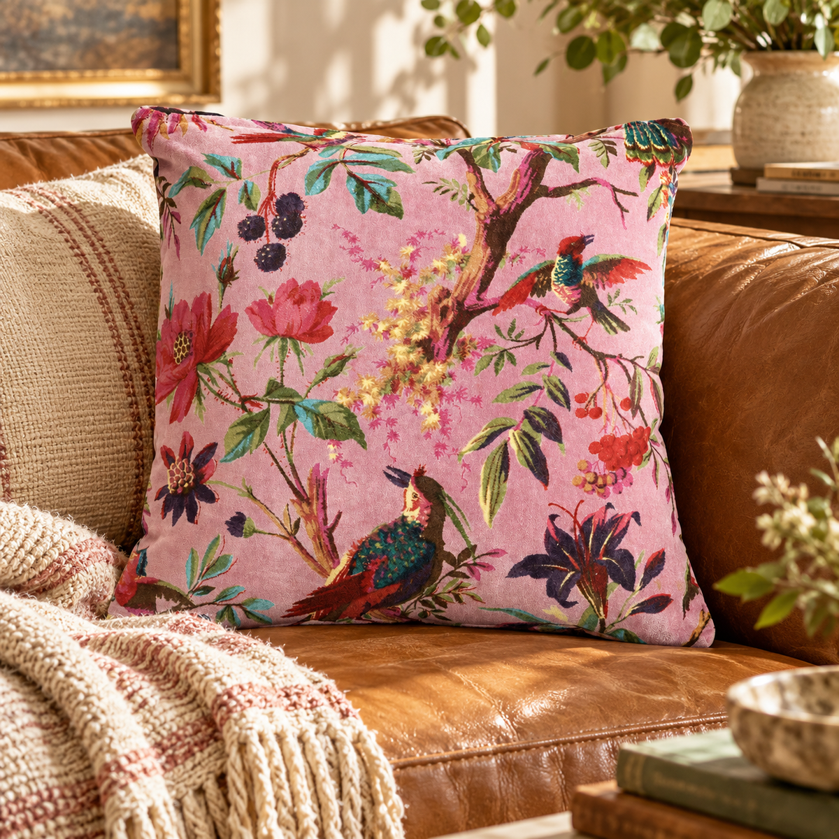 Pink bird floral cushion cover styled on tan sofa