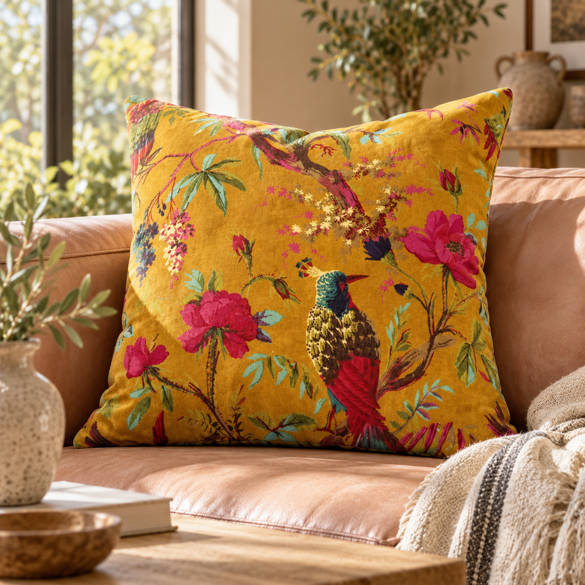 Green botanical cushion cover with colourful bird and flower print