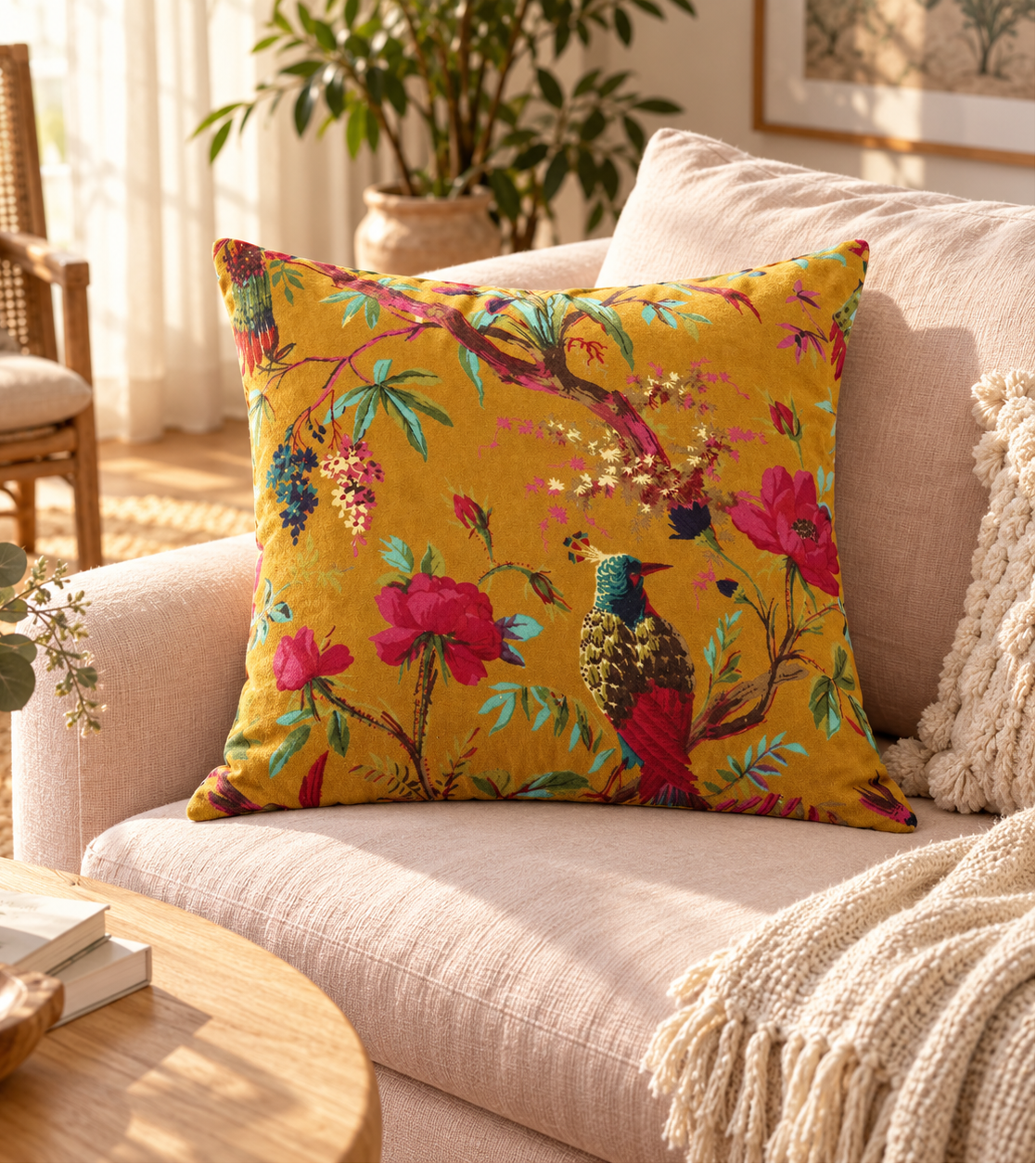 Green bird floral cushion cover styled on tan leather sofa