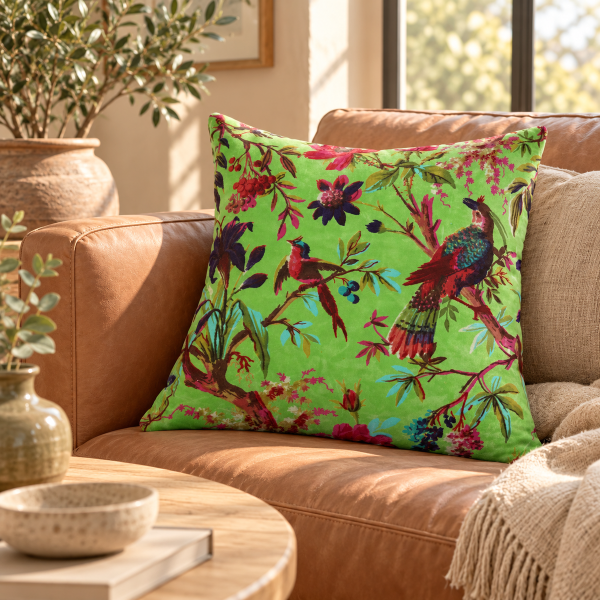 Green botanical cushion cover with colourful bird and flower print