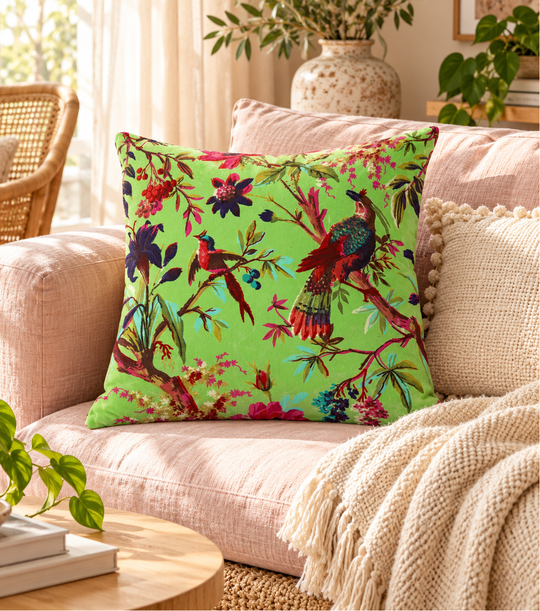 Green bird floral cushion cover styled on tan leather sofa