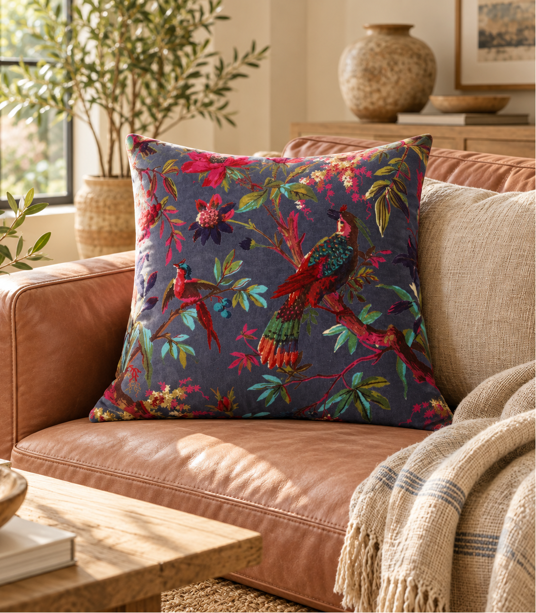 Navy bird floral cushion cover styled on tan leather sofa in a warm living room