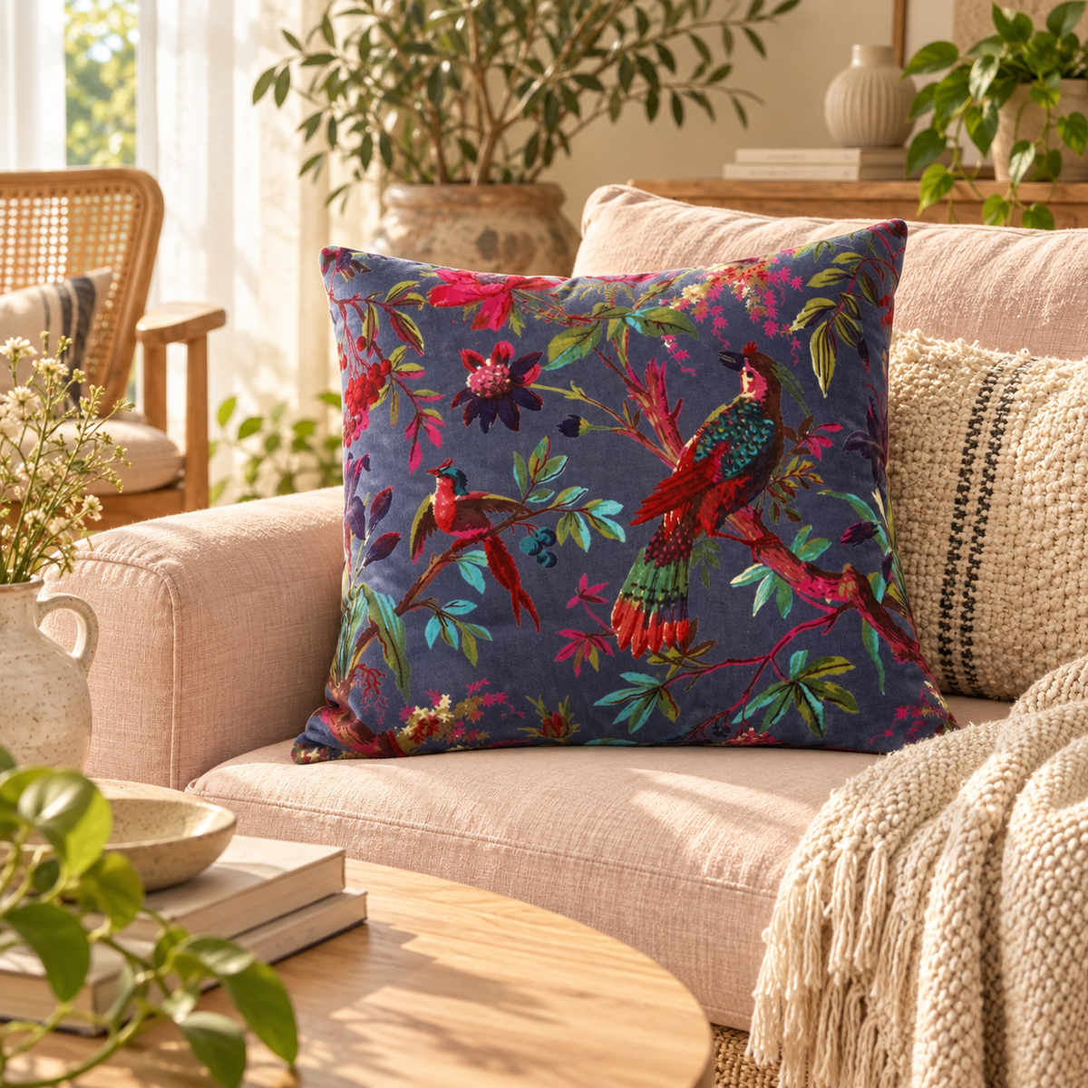 Decorative navy cushion cover with colourful bird and botanical print on sofa