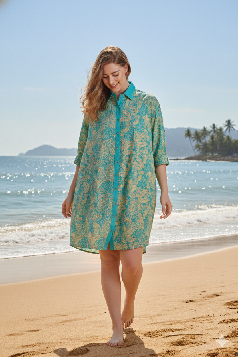 Aqua Bloom Breeze – Hand Block Printed Cotton Shirt Dress