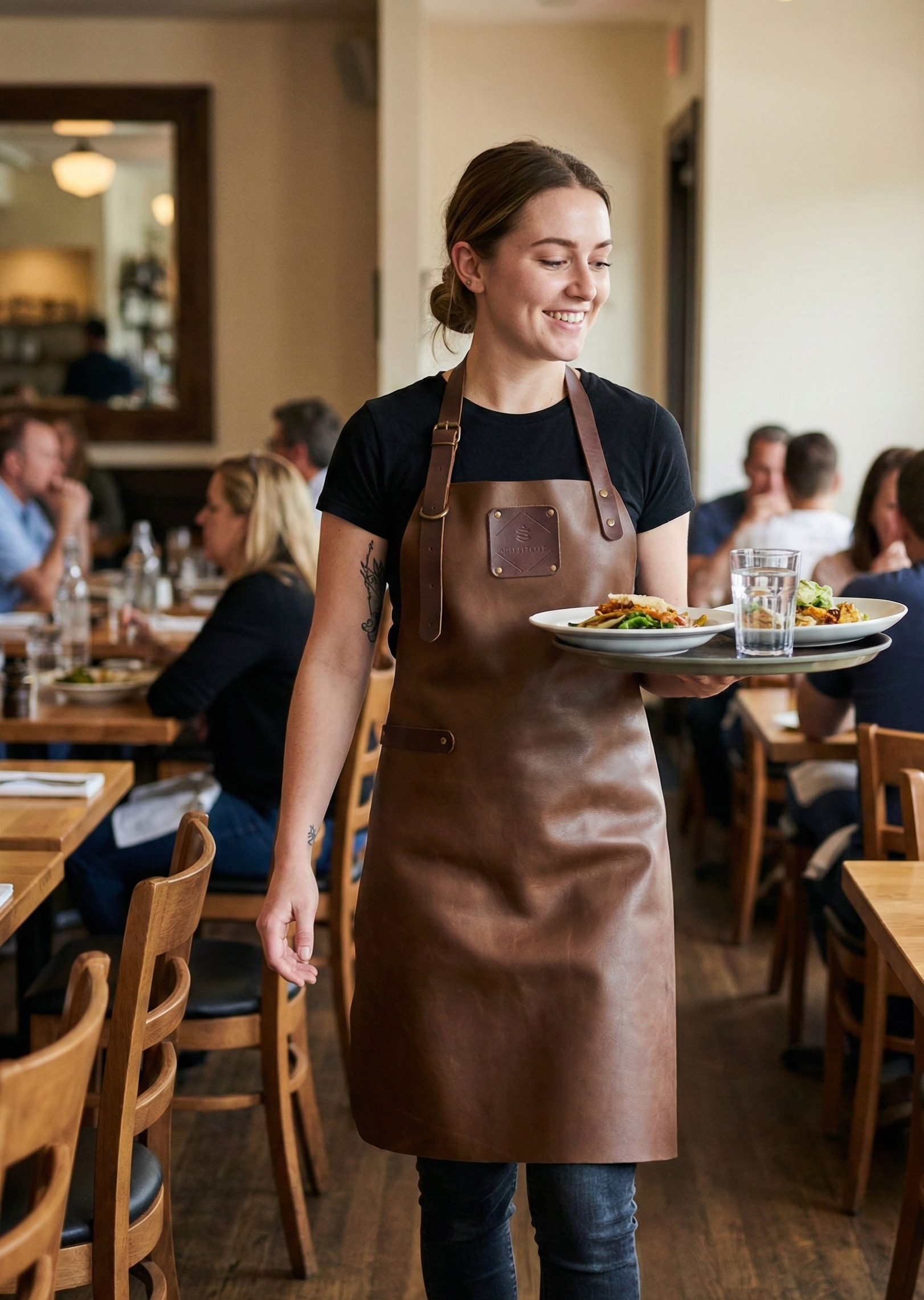 Premium full-length brown leather apron with adjustable straps for professional use