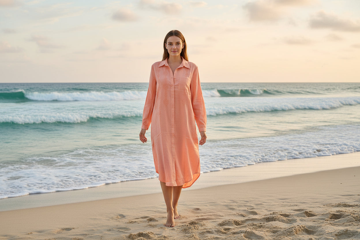 Woman wearing a peach embroidered cotton shirt dress with 3/4 sleeves and button-down front, smiling in a studio setting.