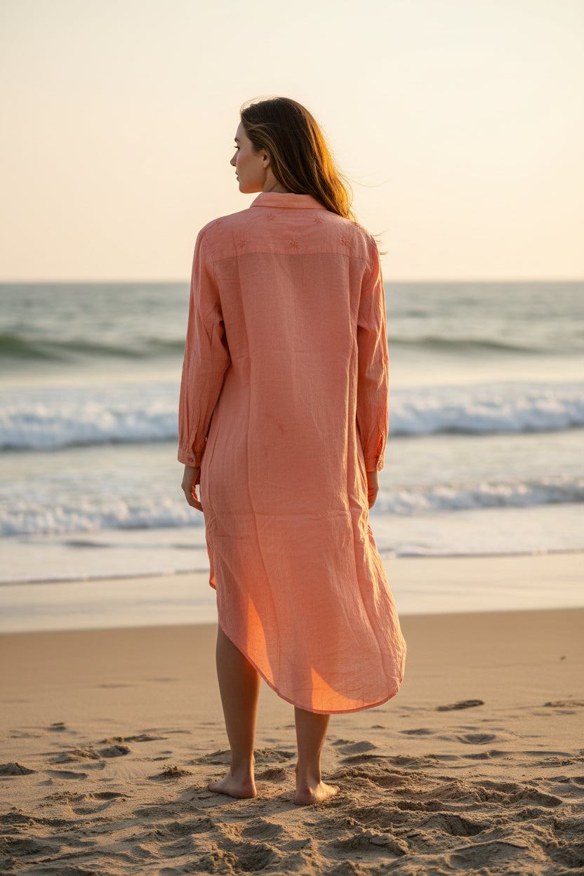 Sunrise Cotton Shirt Dress – Peach Embroidered Button-Down